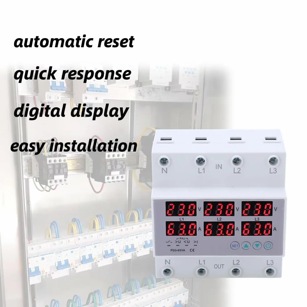 3-fazowy Woltomierz Amperomierz na Szynie DIN Multi Tester, AC 390-500 V Automatyczne Zabezpieczenie Nadnapięciowe Nadprądowe(63A)