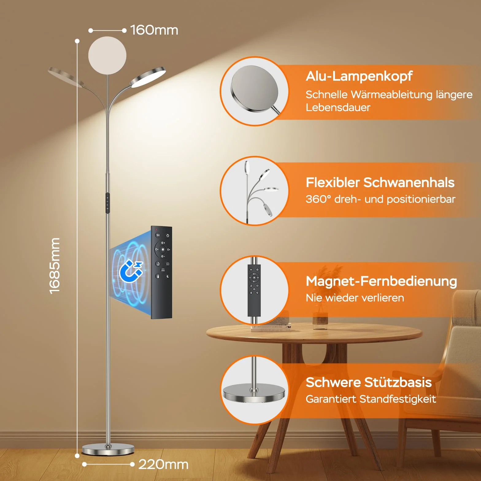 NOVA Lampa stojąca LED | Dimmowana lampa stojąca do salonu z pilotem | 4 temperatury barwowe & 4 poziomy jasności (Koloru Niklu)