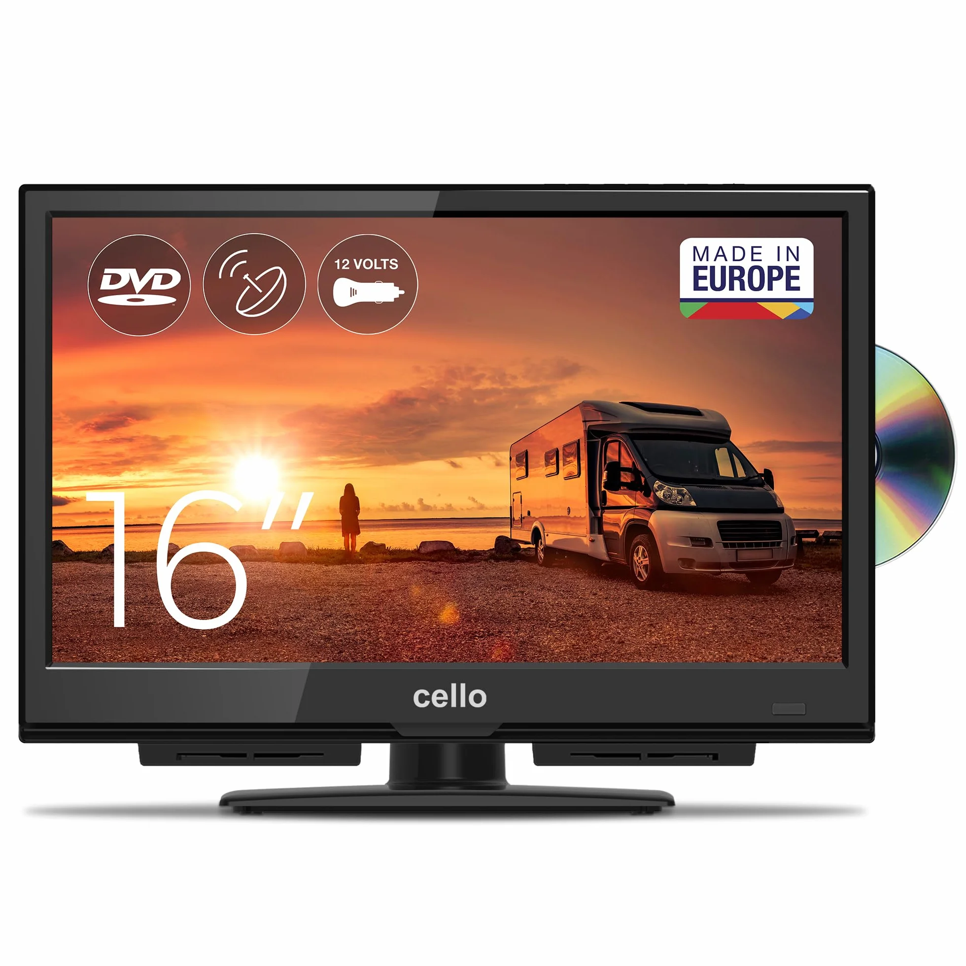 Cello C1624F-12V 16" Camping Travel Full HD LED TV zintegrowany odtwarzacz DVD potrójny tuner DVB-T/T2-C-S2 HDMI USB 12V adapter samochodowy
