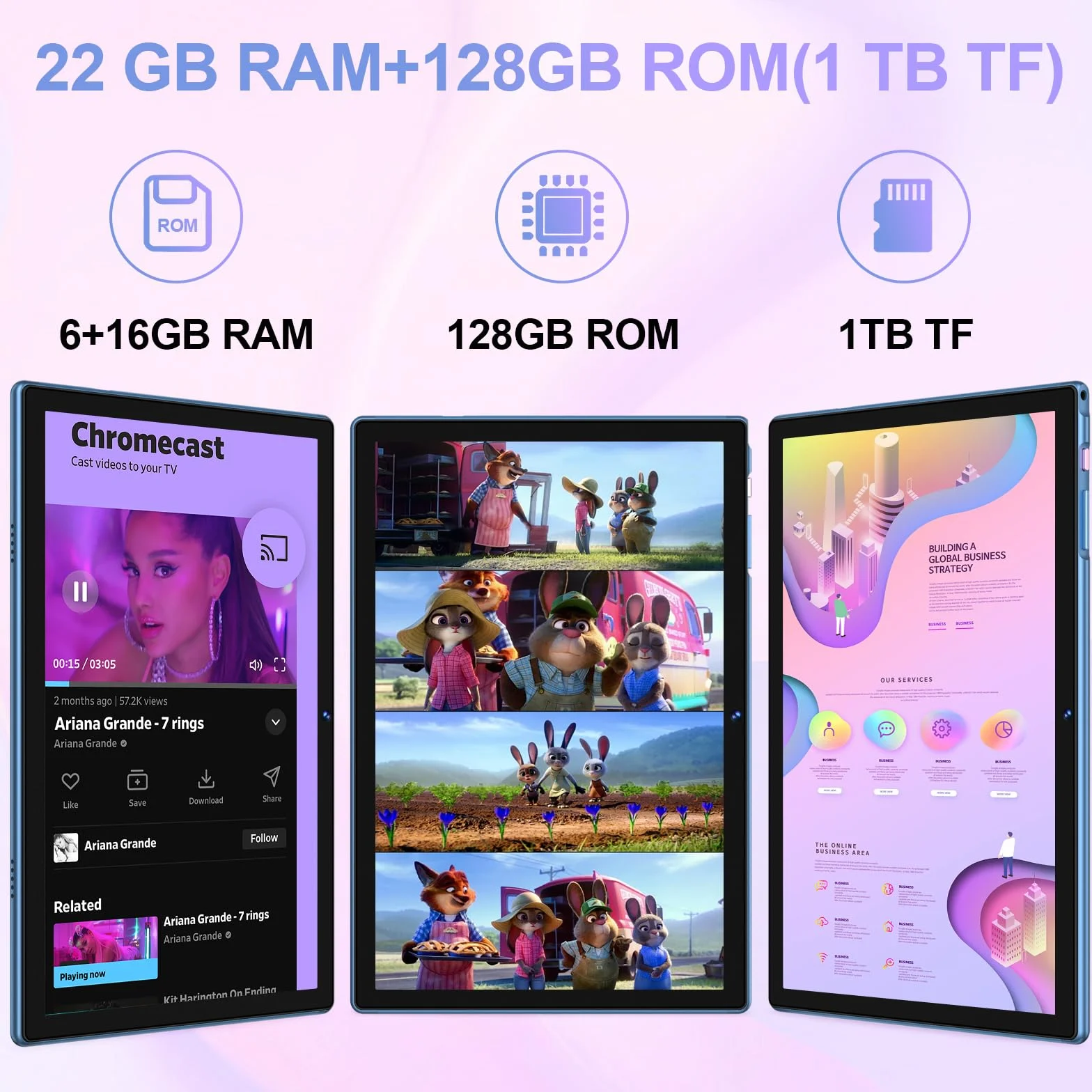 Tablet 10 cali Android 14 22GB RAM 128GB ROM 5G WiFi Widevine L1 8 rdzeni 2,0 GHz GPS 8000 mAh Niebieski