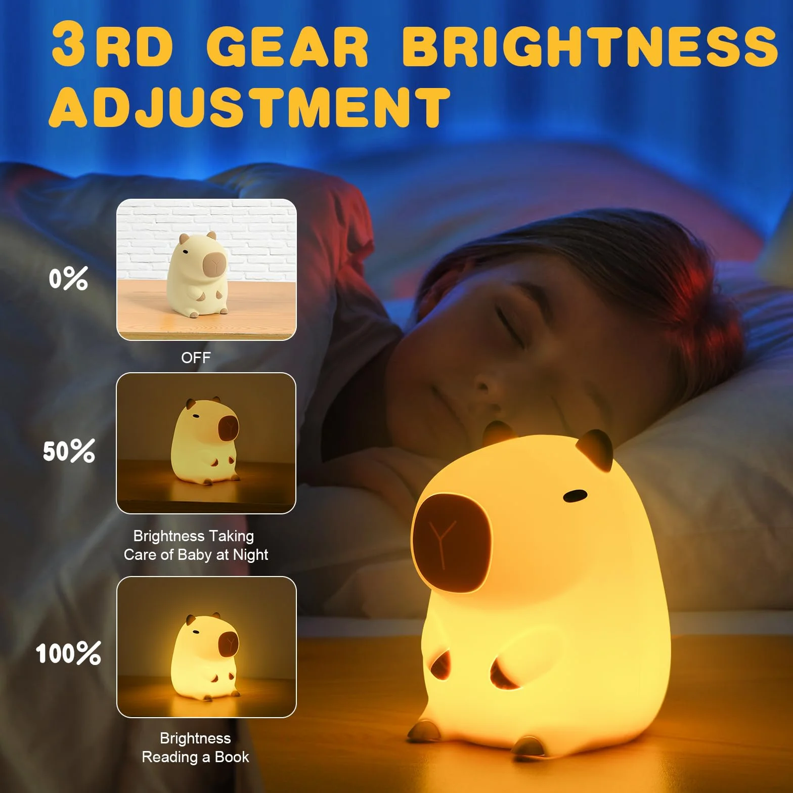 URAQT Lampka nocna z kapibarą dla dzieci, lampka nocna z funkcją dotykowego sterowania kapibarą, ładowanie i timer przez USB, ściemniana silikonowa lampka nocna