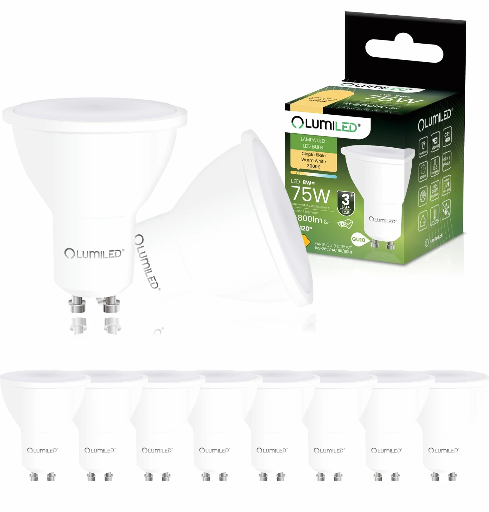 Lumiled Żarówka LED GU10 Reflektor PAR16 8W = 75W 800lm 3000K Ciepła biel 120° Energooszczędna Zestaw 10 sztuk
