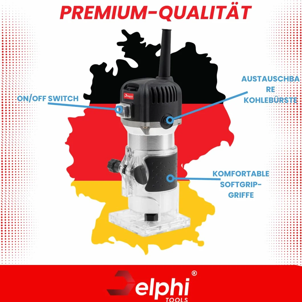 DELPHI Frezarka elektryczna ręczna do drewna z walizką – zestaw 12 akcesoriów 800 W 330000 obr./min 6,35 mm