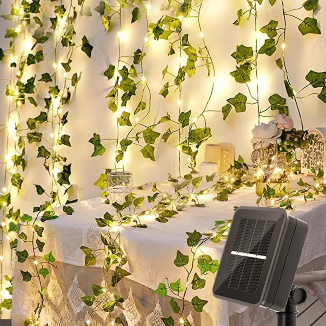 Bigzom Solarny łańcuch świetlny do użytku na zewnątrz, 120 diod LED, bluszcz, 12 m, łańcuch świetlny na zewnątrz, 8 trybów pracy, do ogrodu, na balkon, taras, ogrodzenie, dekoracja (ciepła biel)