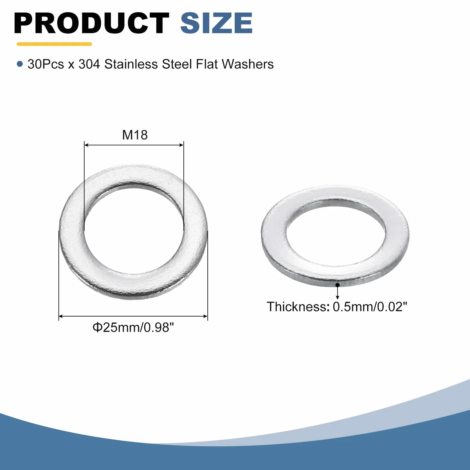 QUARKZMAN 30 sztuk okrągłych podkładek M18 x 25 x 0,5 mm, 304 podkładki uszczelniające ze stali nierdzewnej zestaw srebrnych podkładek, O ring płaskie pierścienie uszczelniające do śrub, nakrętek