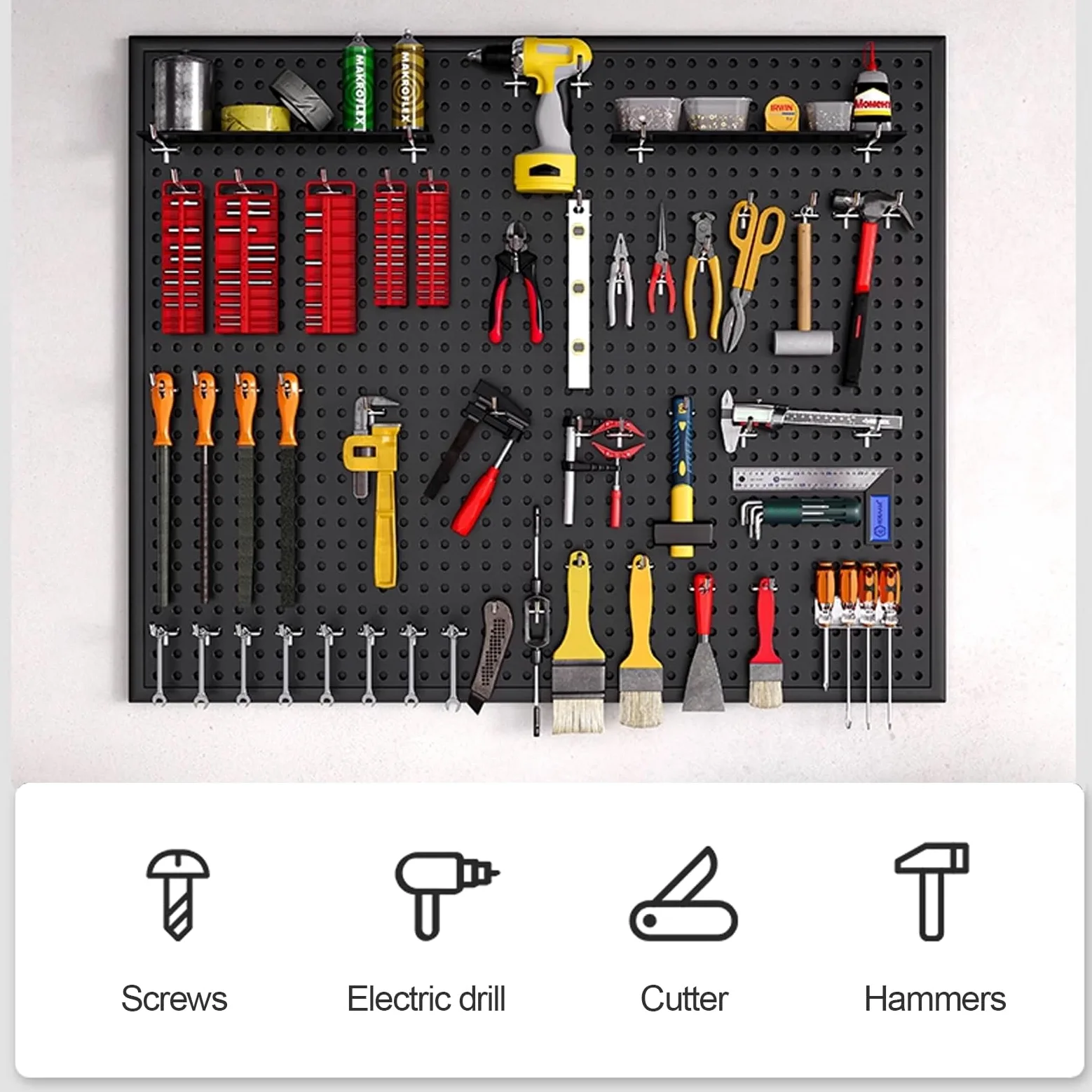 Tablica ścienna z narzędziami, czarna metalowa tablica wisząca na biurko biurkowe, pegboard i akcesoria, stojak do przechowywania na ścianie, odpowiedni do domu, biura, akademika, biurka do gier (100