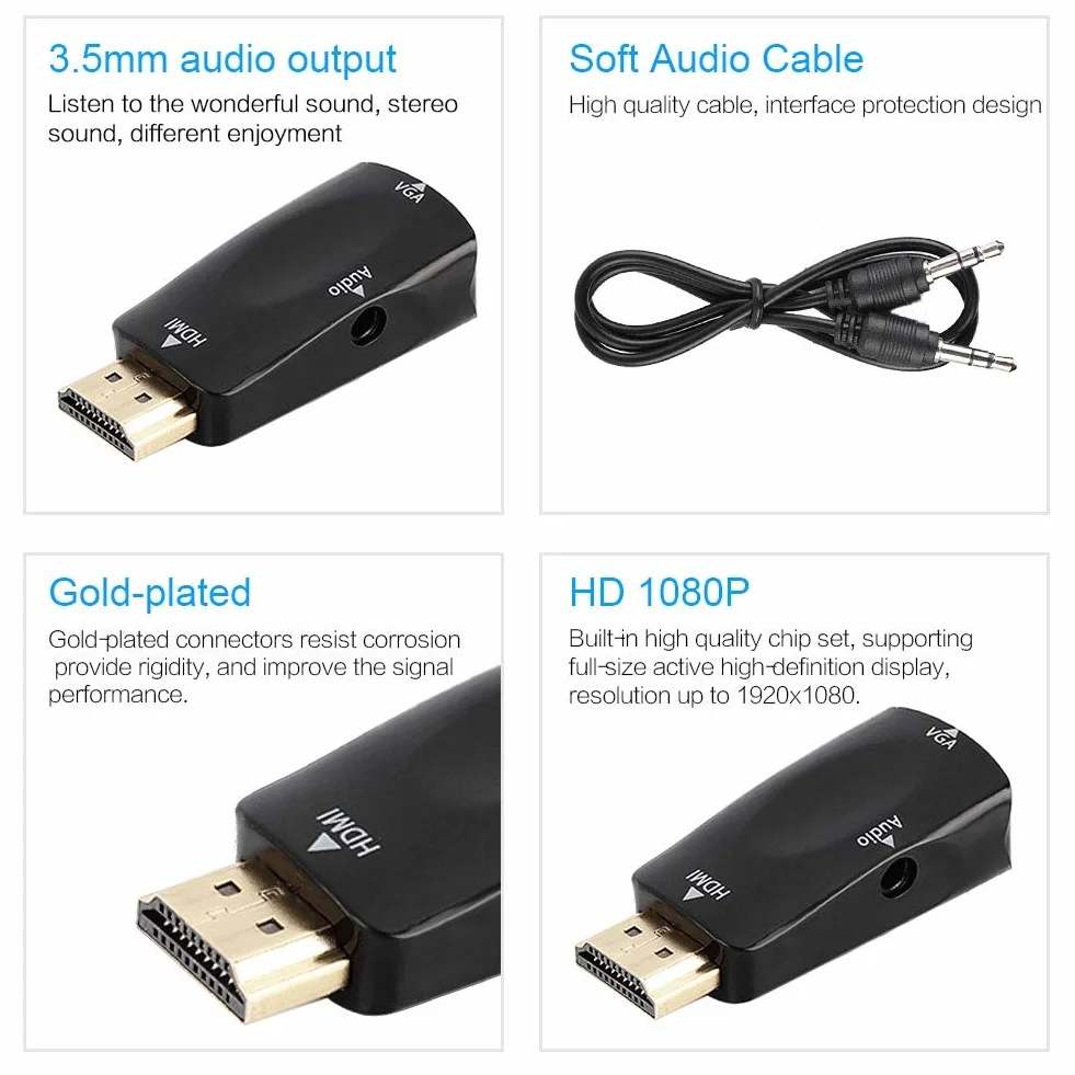 Adapter HDMI do VGA 1080P HDMI żeński na VGA żeński konwerter z kablem wyjściowym audio 3,5 mm (czarny)
