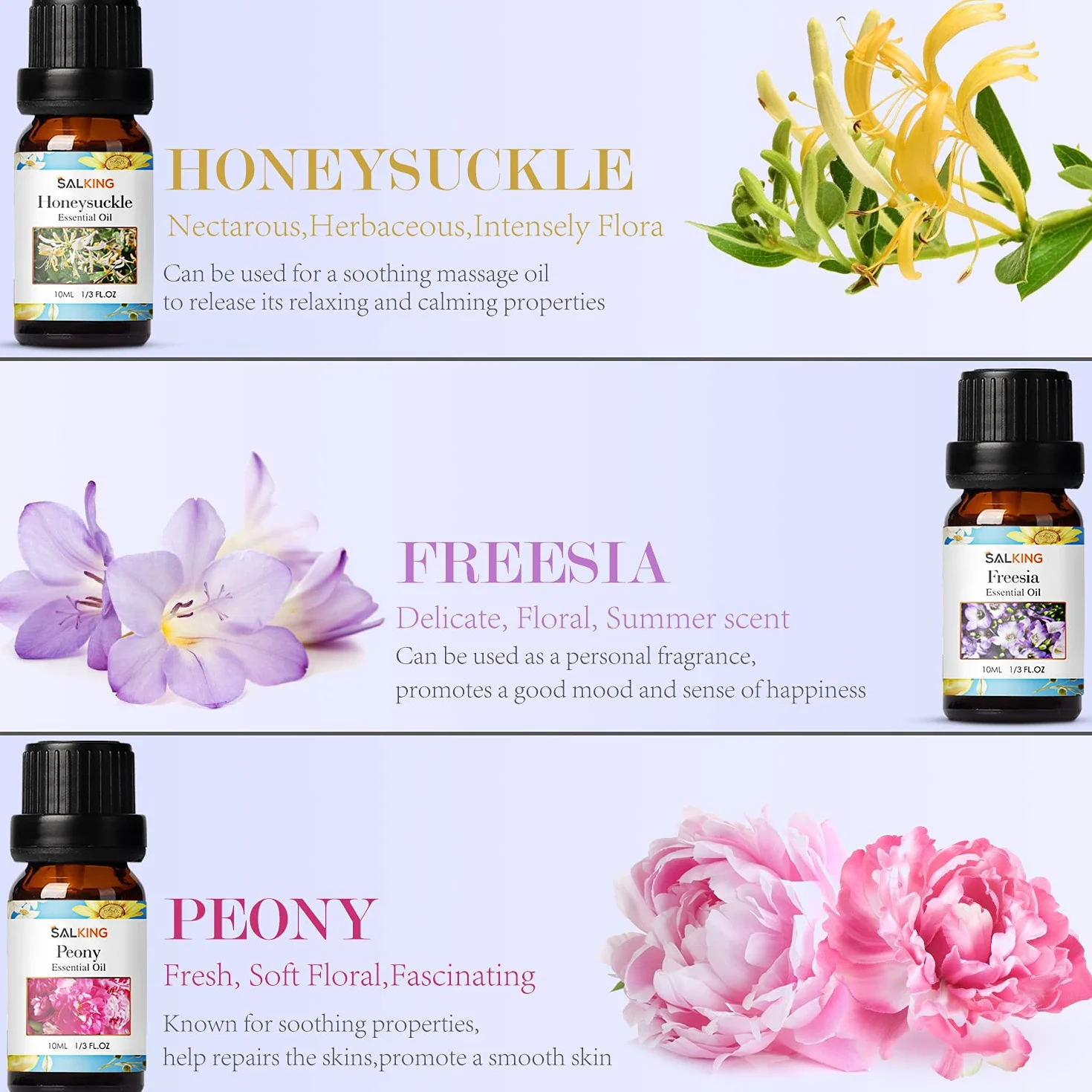 Kwiaty Olejki eteryczne do dyfuzorów, zestaw olejków eterycznych SALKING DIY czyste świece, masaż, aromaterapia, wiciokrzew, Frezja, piwonia, jaśmin, geranium, neroli, 6 x 10 ml