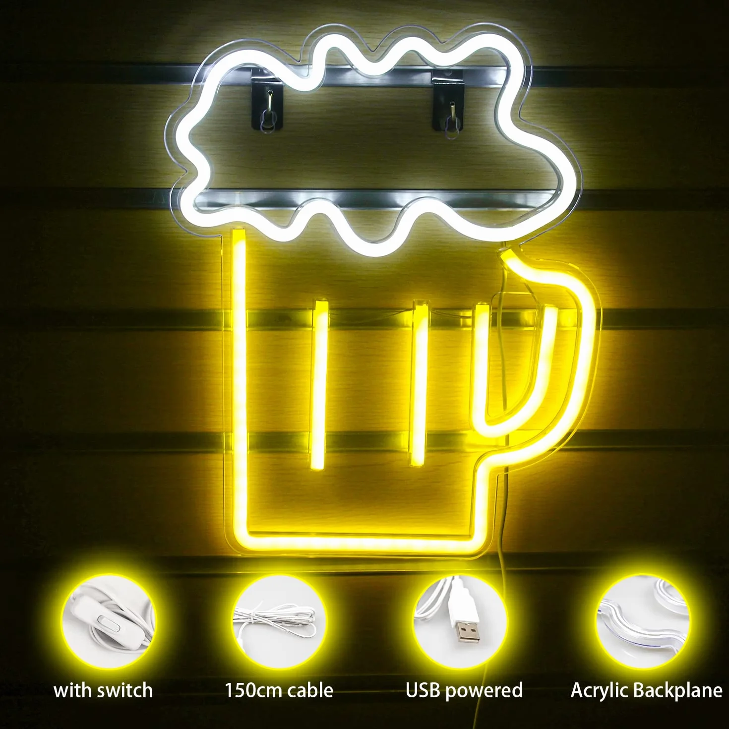 Kufel do piwa, neonowy znak świetlny LED, żółte, białe neonowe światło, dekoracyjne światła ścienne, do baru, pubu, klubu nocnego, restauracji, sklepu, na uroczystości, dekoracja, znak imprezowy