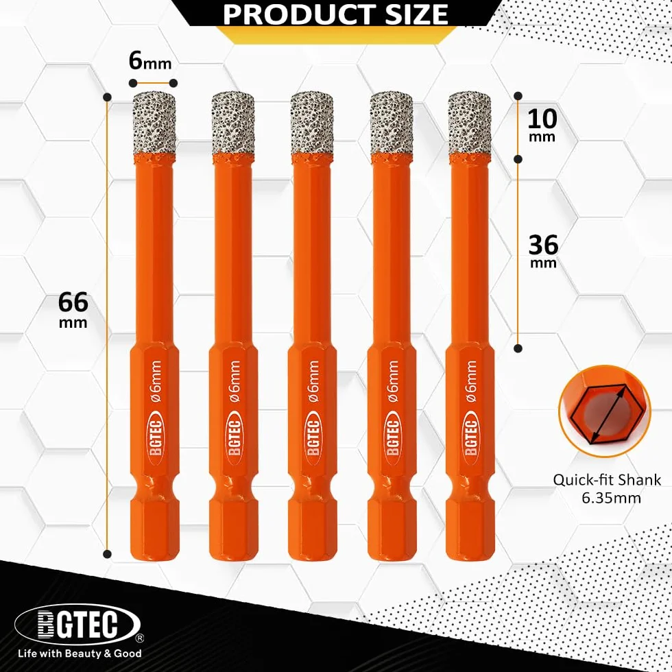 BGTEC Suche diamentowe wiertła 5 szt. 6 mm z uchwytem sześciokątnym do granitu marmuru porcelanowego płytki ceramicznej