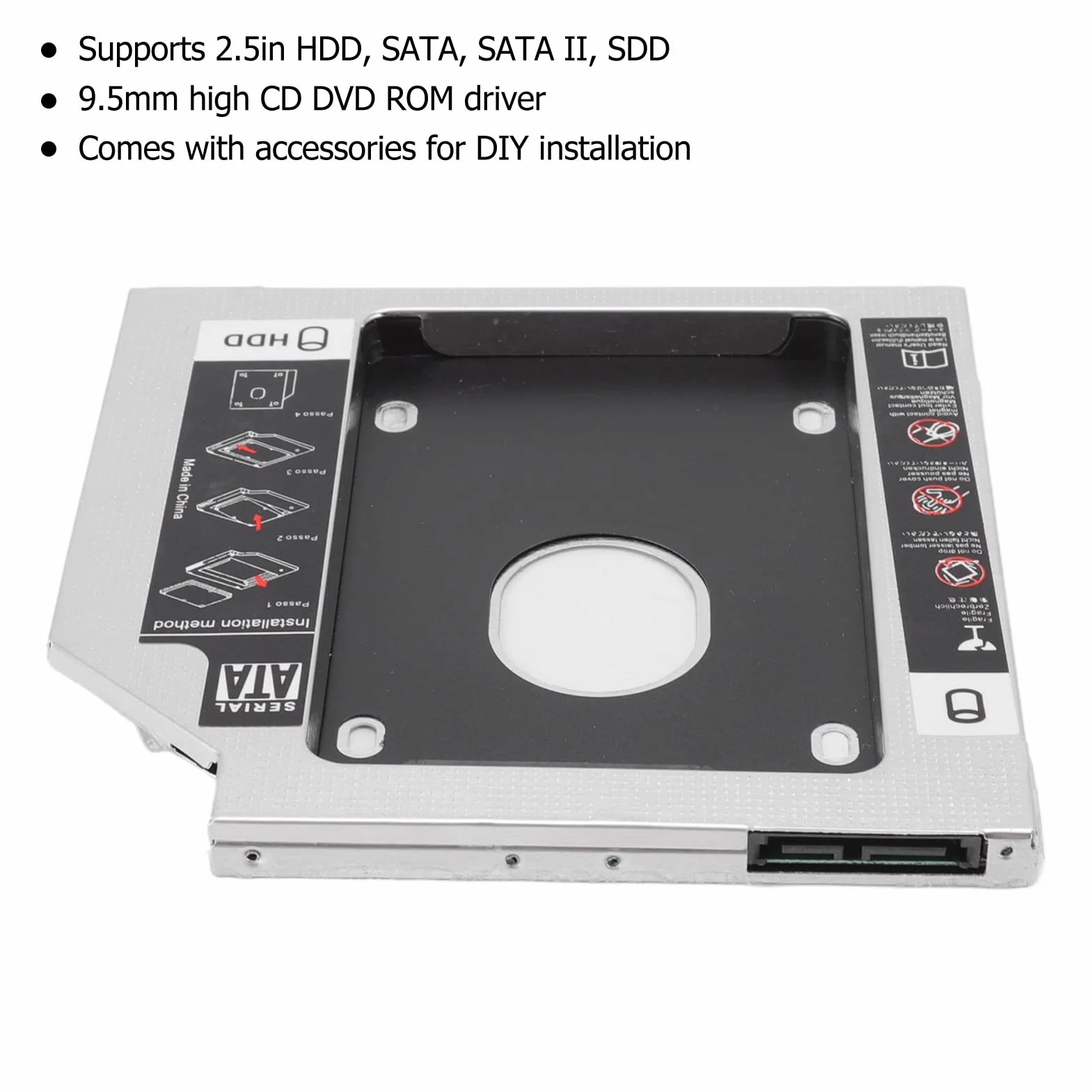 SATA do SATA 2nd SSD HDD Dysk Twardy Caddy, Uniwersalny 9.5mm 2.5in SSD HDD Dysk Twardy Caddy Konwerter Dysku SSD ze Stopu Aluminium, do Gniazda Napędu CD DVD ROM