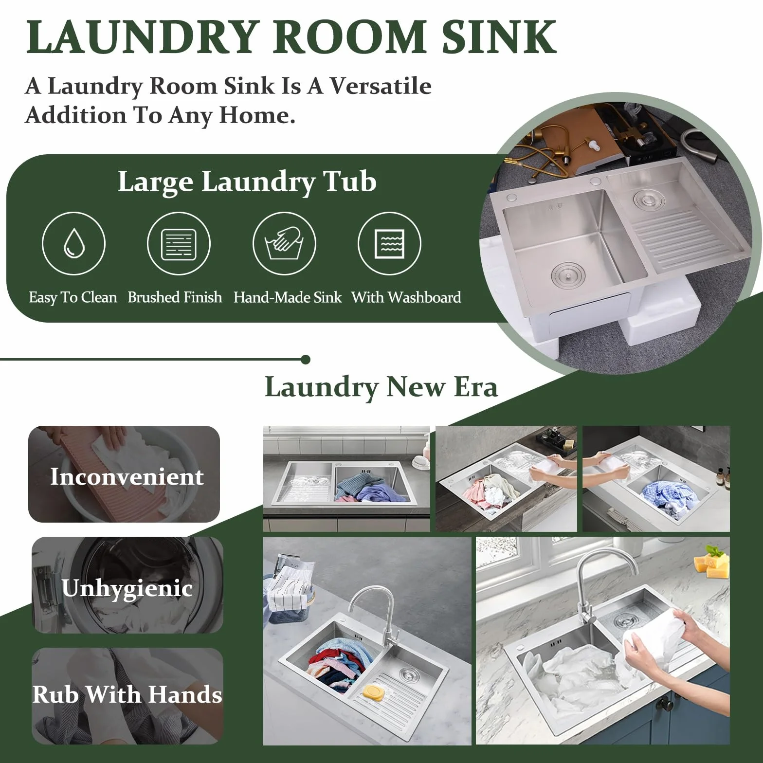 Stainless Steel Laundry Sink With Washboard – Handmade Utility Basin For Laundry Room, Workshop & Garage – Durable Brushed Finish, Deep Basin With Efficient Drainage(Left-a,60cm)