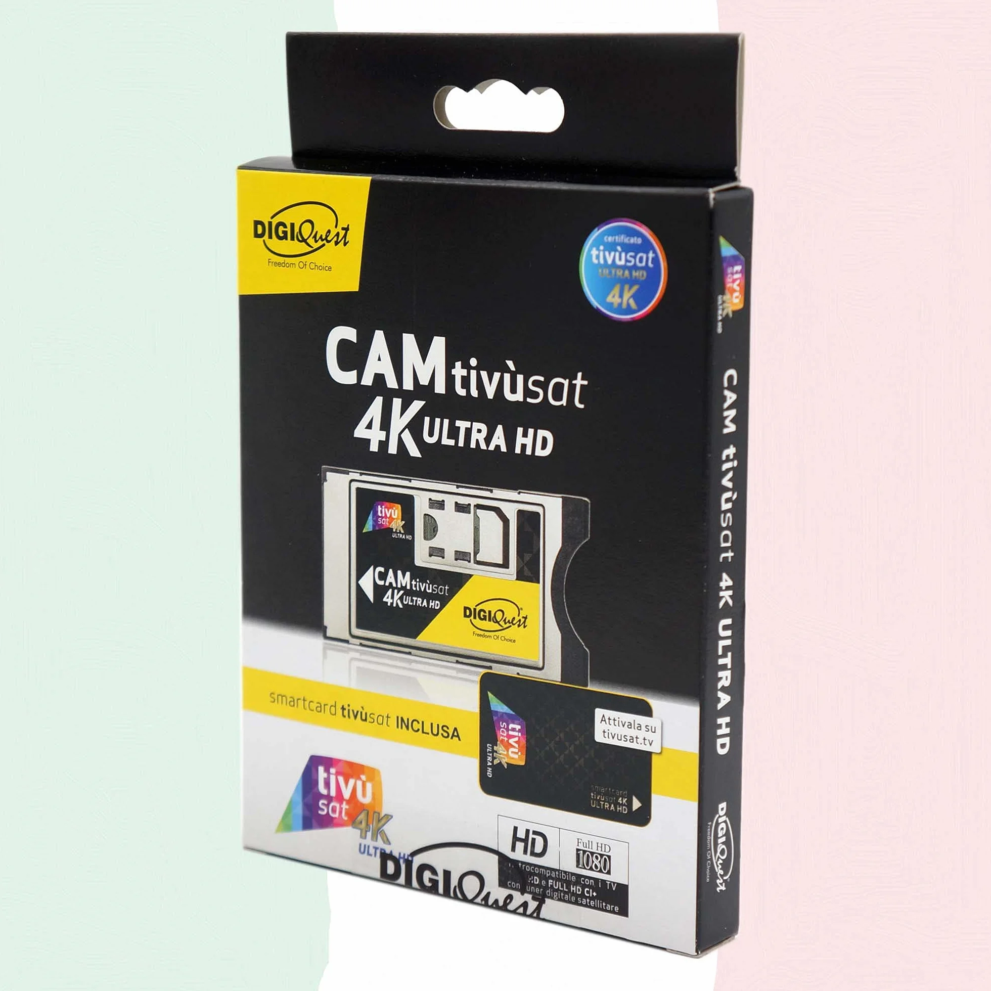 TIVUSAT Karta 4K UHD Black & EasyMouse 4K Ultra HD SmartCam DIGIQuest - moduł UHD CI+ z aktywowanym modułem TIVUSAT 4K UHD, włoskie kanały HD/4K przez satelitę Eutelsat HotBird 13,0° wschód