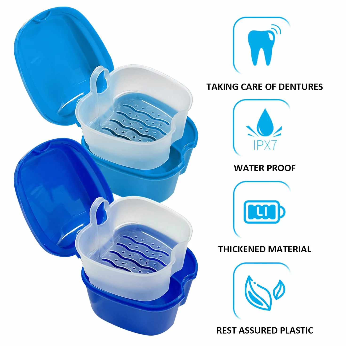 2 plastikowe pudełka do przechowywania protez (ciemnoniebieskie i jasnoniebieskie), pudełko do przechowywania i czyszczenia aparatów ortodontycznych, pudełko do kąpieli i pielęgnacji protez z filtrem
