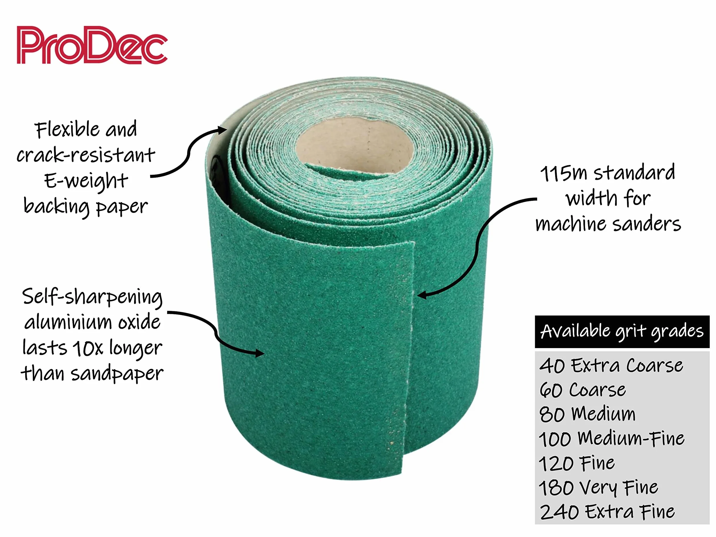 ProDec 5 m rolka papieru ściernego o średniej ziarnistości 80 g, zielony papier ścierny z tlenku glinu do szlifowania drewna, farby, tynku, szpachli, metalu i innych materiałów, szerokość 115 mm