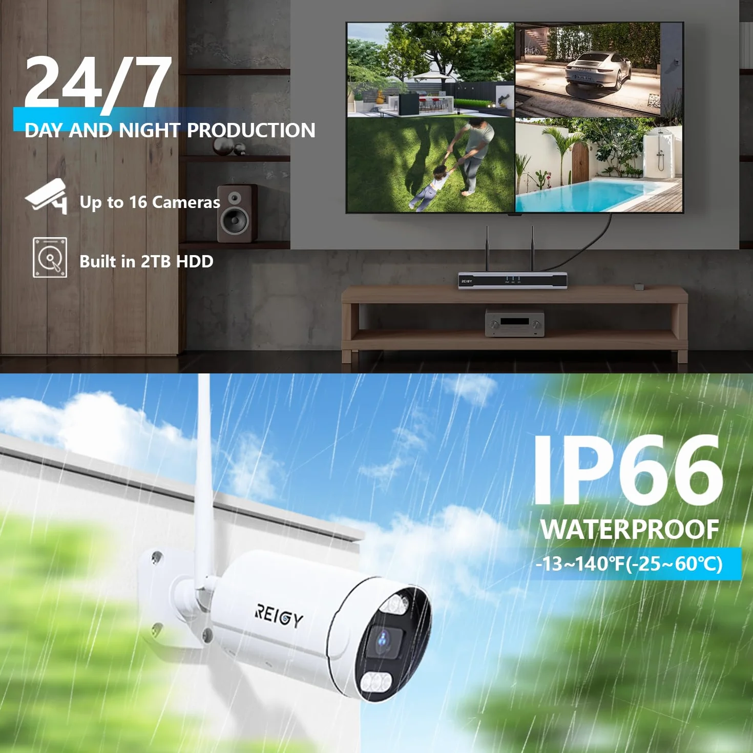 REIGY 8MP zestaw kamer WLAN do monitorowania na zewnątrz z dyskiem twardym 2TB, system nadzoru 4K 16CH WiFi NVR + 4x2160P kamera na zewnątrz, dwukierunkowa technologia audio, wykrywanie ruchu