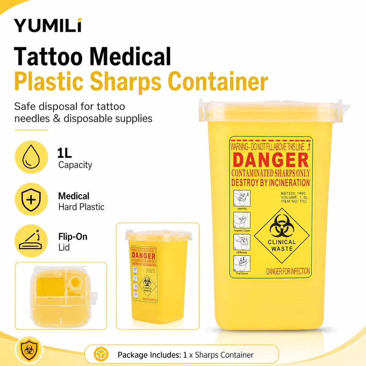 Sharps Container, 1 x zbieracz igieł, pojemnik na ostre i ostre przedmioty, jednorazowe pudełko z tworzywa sztucznego do tatuażu, organiczne usuwanie igieł z pokrywką