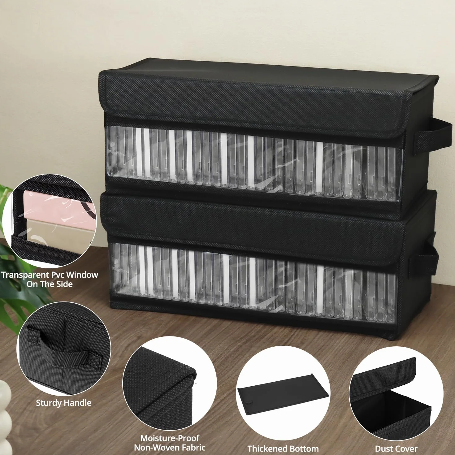 QWORK 2 pudełka do przechowywania płyt CD, 36 x 14 x 6 cm, czarny organizer z tkaniny, na 30 standardowych etui na płyty CD, 60 cienkich etui na CD lub 165 segregatorów na CD