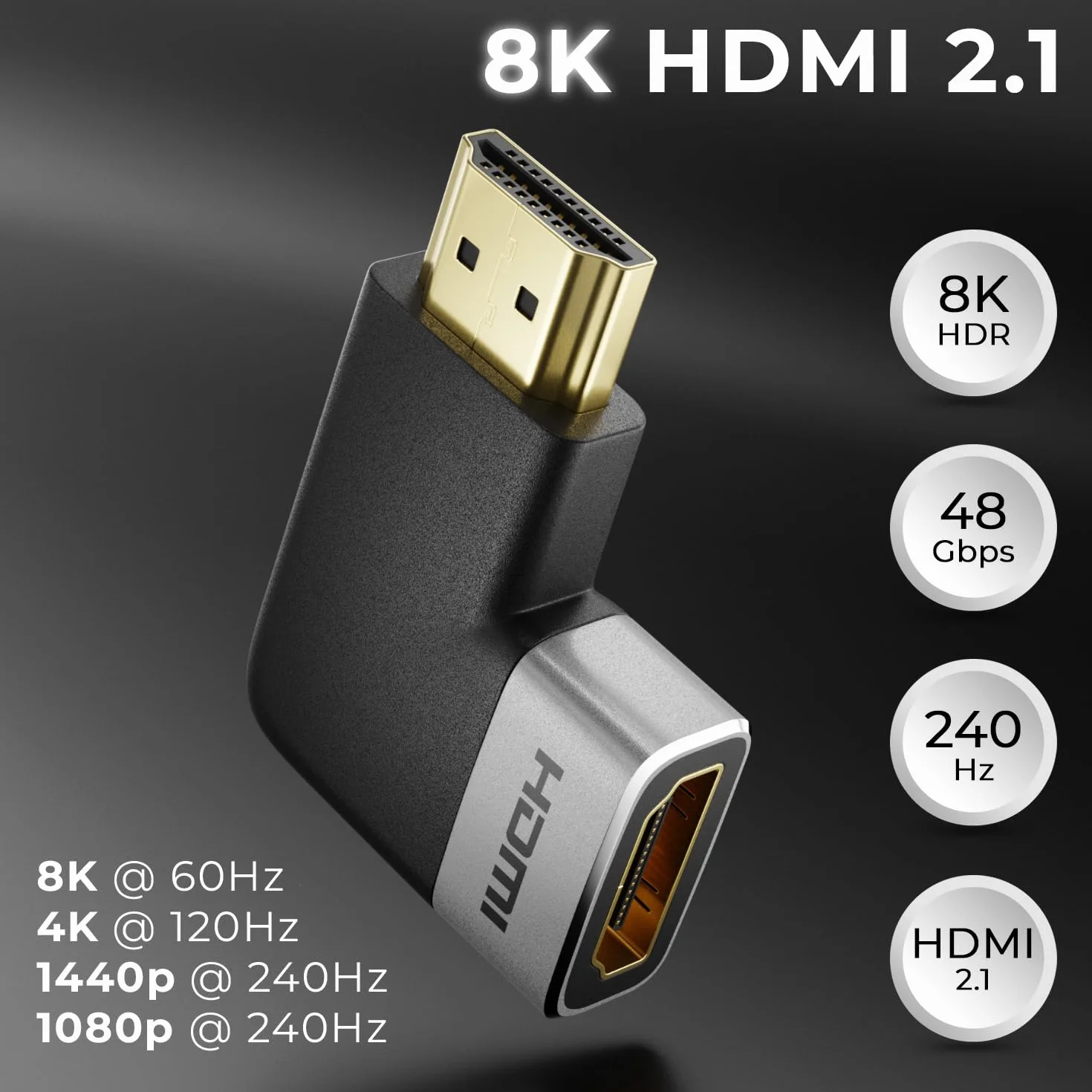 deleyCON Złącze Adaptera HDMI 8K@60Hz / 4K@120Hz UHD 7680x4320 Aluminium HDMI 2.1 ARC HDR10+ Dolby Vision VRR ALLM 48 Gb/s pod Kątem Prostym Szary Czarny
