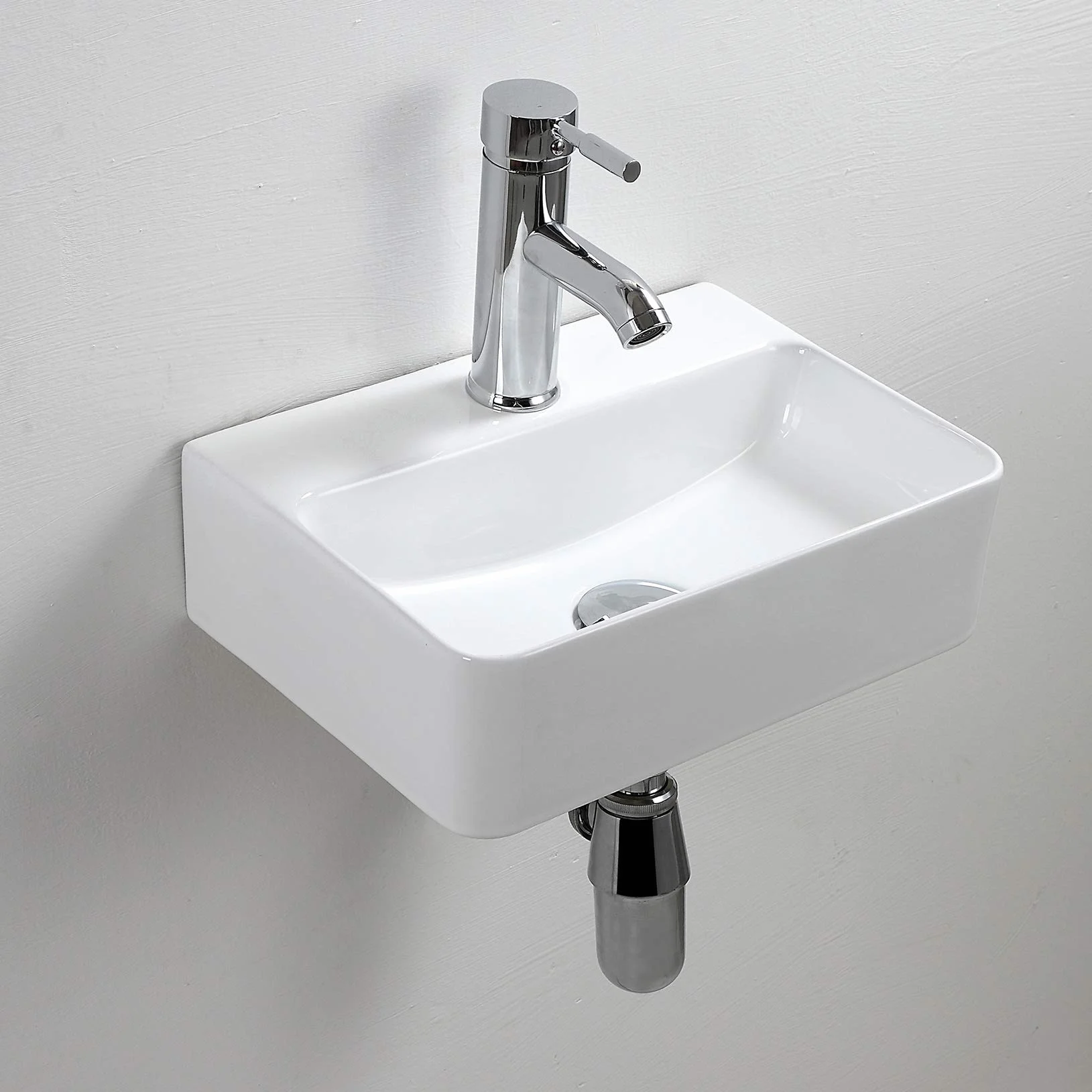 Biała ceramiczna, prostokątna, kompaktowa umywalka łazienkowa montowany na ścianie, do małej szatni, łazienki, 365 x 250 x 105 mm (styl 1)
