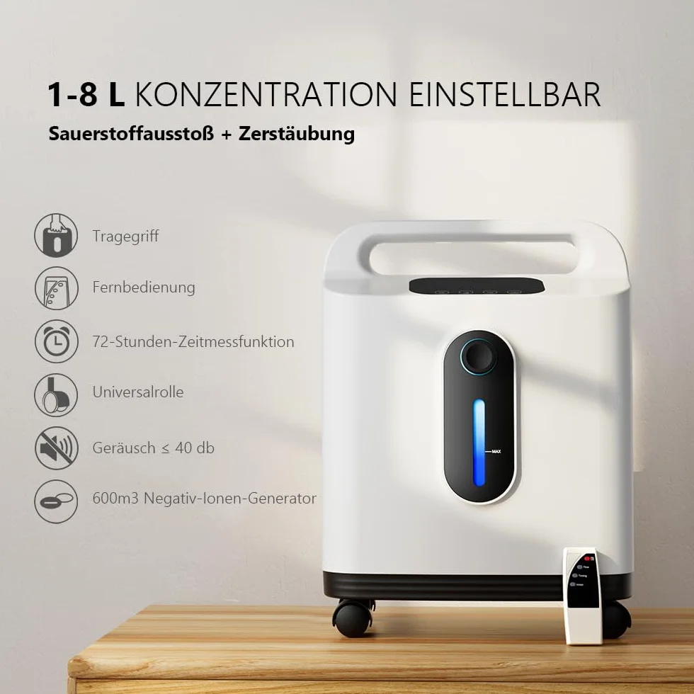 Koncentrator tlenu ALLNIS 1-8L, regulowane stężenie 90% ± 3%, przenośna konstrukcja ręczna, odpowiednia do domu, podróży (uniwersalne rolki, instrukcja w języku angielskim)