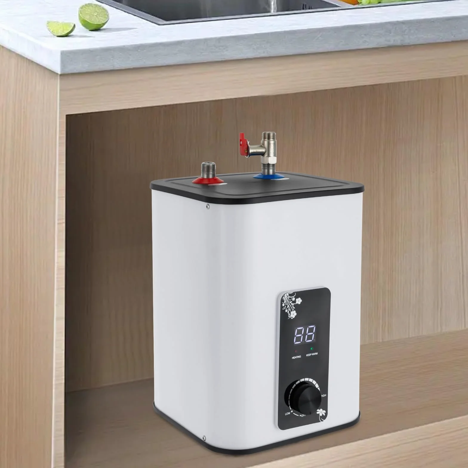 MINRS zbiornik na ciepłą wodę 8L podblatowy bojler 1500W mały odporny na ciśnienie zbiornik na ciepłą wodę z funkcją termostopu podblatowy bojler 0-65℃ Regulowana temperatura Regulowana do kuchni