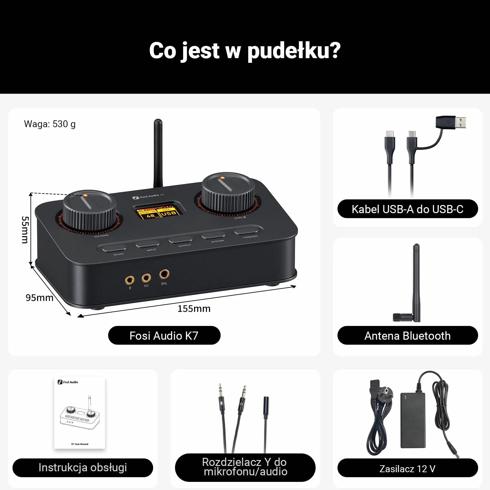 Fosi Audio K7 DAC Wzmacniacz słuchawkowy, konwerter audio USB C cyfrowo-analogowy, OPT/COA/Bluetooth aptX HD LL, wejście mikrofonowe, wyjście RCA