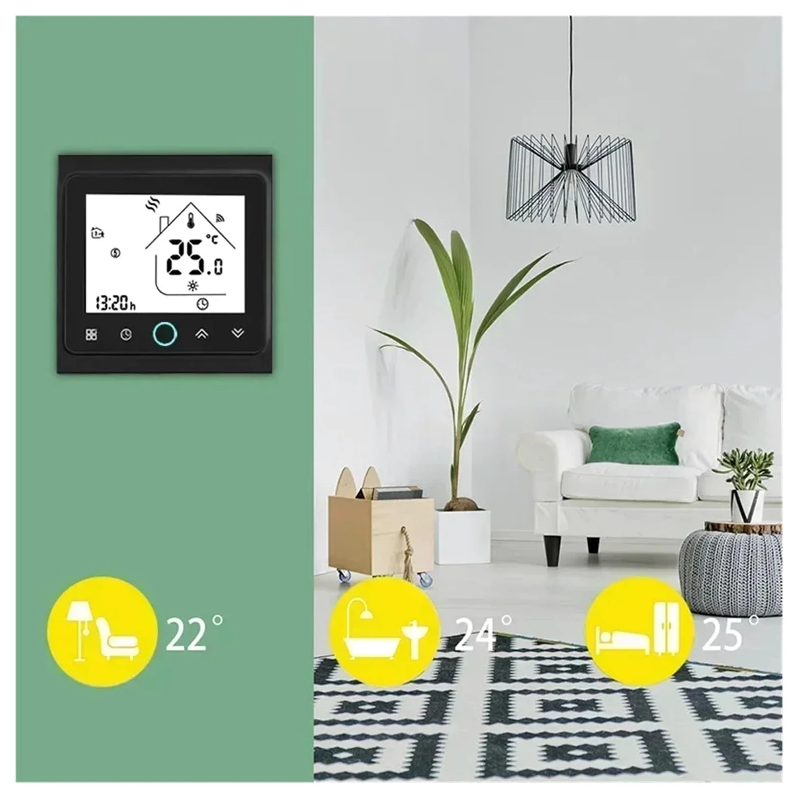 Inteligentny termostat, 2 4-rurowy inteligentny klimatyzator centralny WiFi termostat 3-biegowy regulator temperatury jednostki wentylatora(Nero)