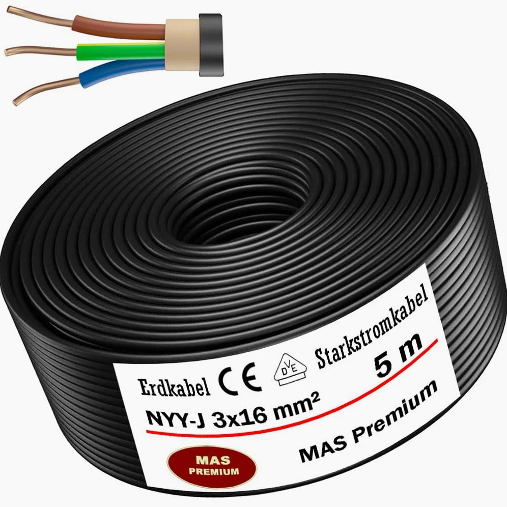 MAS Premium 5-170 m NYY-J 3 x 1,5 2,5 4 6 10 16 lub 5 x 1,5 2,5 4 6 10 16 kabel ziemny, kabel ziemny, kabel elektryczny, zwój, do układania na świeżym powietrzu (NYY-J 3 x 16 mm², 5 m)