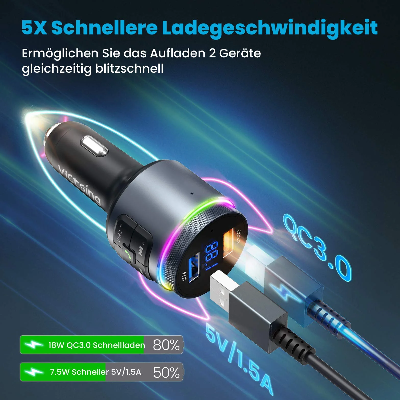 ANSTA Automatyczny nadajnik Bluetooth FM QC3.0 RGB podświetlenie podwójny mikrofon