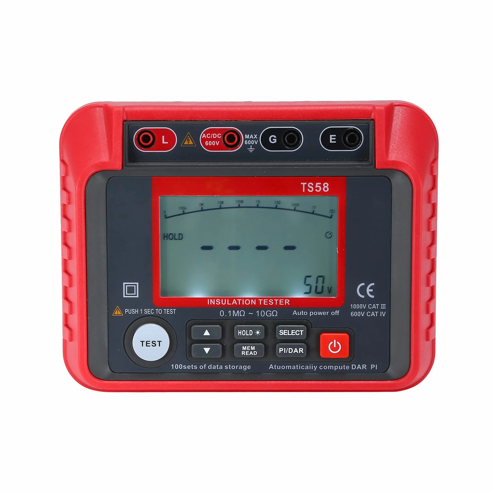 Domary Tester Rezystancji Izolacji Megaomomierz 0,1 MΩ-10 GΩ z Podświetlanym Wyświetlaczem LCD 2000 zliczeń Napięcie Prądu Stałego AC 10–600 V Indeks DAR PI do Konserwacji Sprzętu