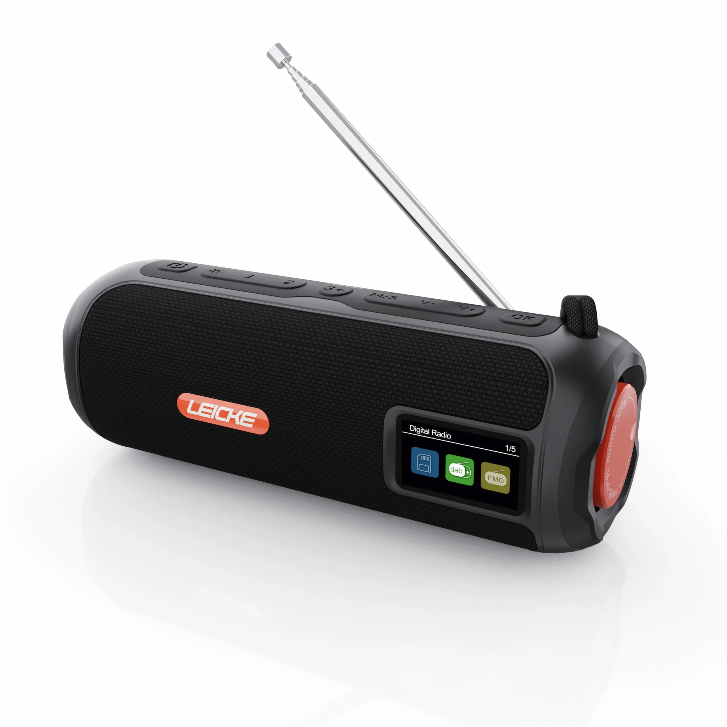 LEICKE DAB+ radio Tube – przenośny głośnik Bluetooth z DAB+/FM, akumulator 4500 mAh, oświetlenie RGB LED, dźwięk stereo 10 W, korektor, ładowanie USBC, złącze Micro SD/AUX, zasilanie sieciowe i
