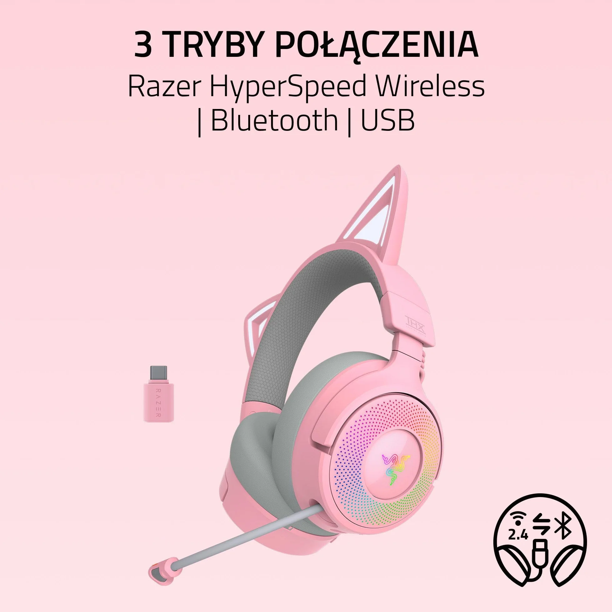 Razer Kraken Kitty V3 Pro bezprzewodowy zestaw słuchawkowy RGB do gier Triforce 40 mm Hyperspeed Bluetooth Quartz