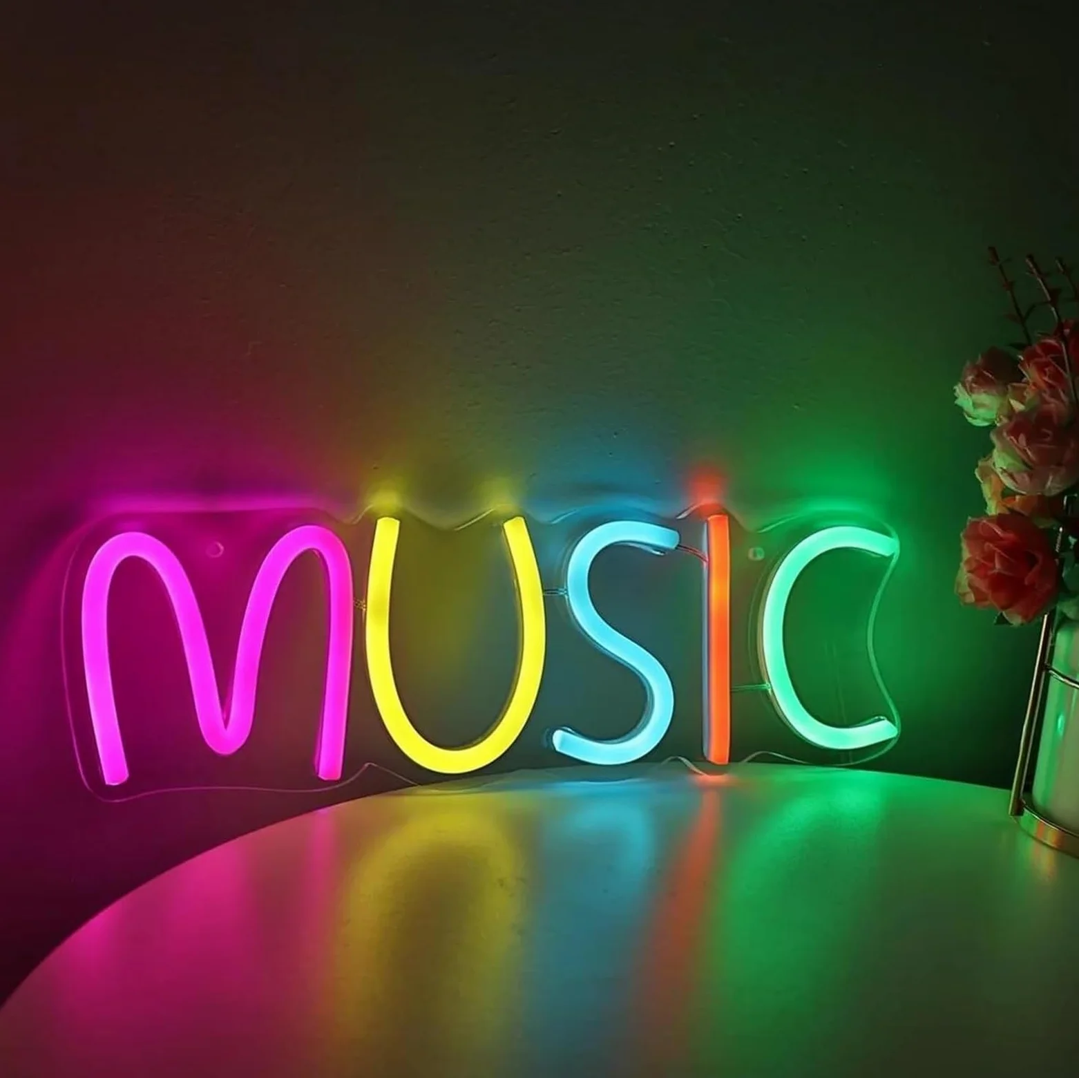 Kolorowy neon LED z napisem MUZYKA, na imprezę, do pubu, klubu, sklepu, 31 cm × 10,1 cm
