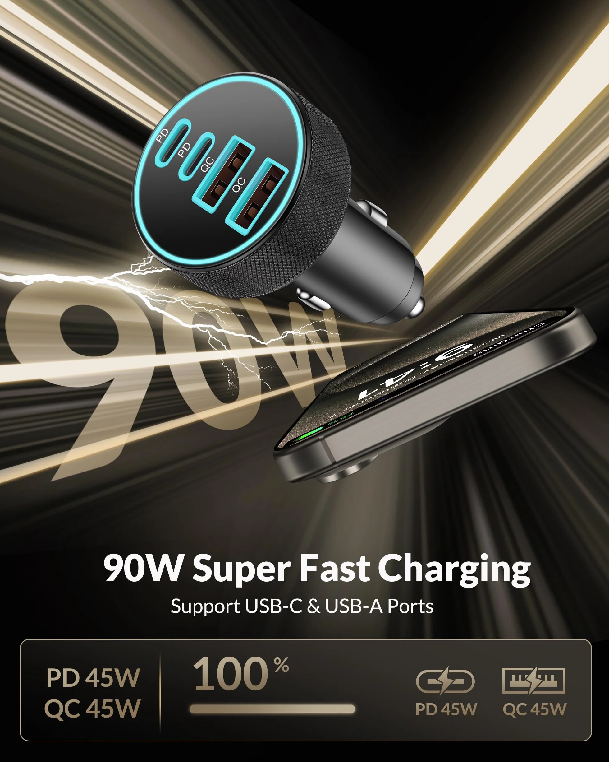 90W USB-C Car Charger With 4 Ports PD/QC Fast Charging 12V Compatible with iPhone 16 15 14 13 12 Pro Max, Samsung Galaxy S24 S23 S22 Ultra, Google Pixel 9 8 7 6