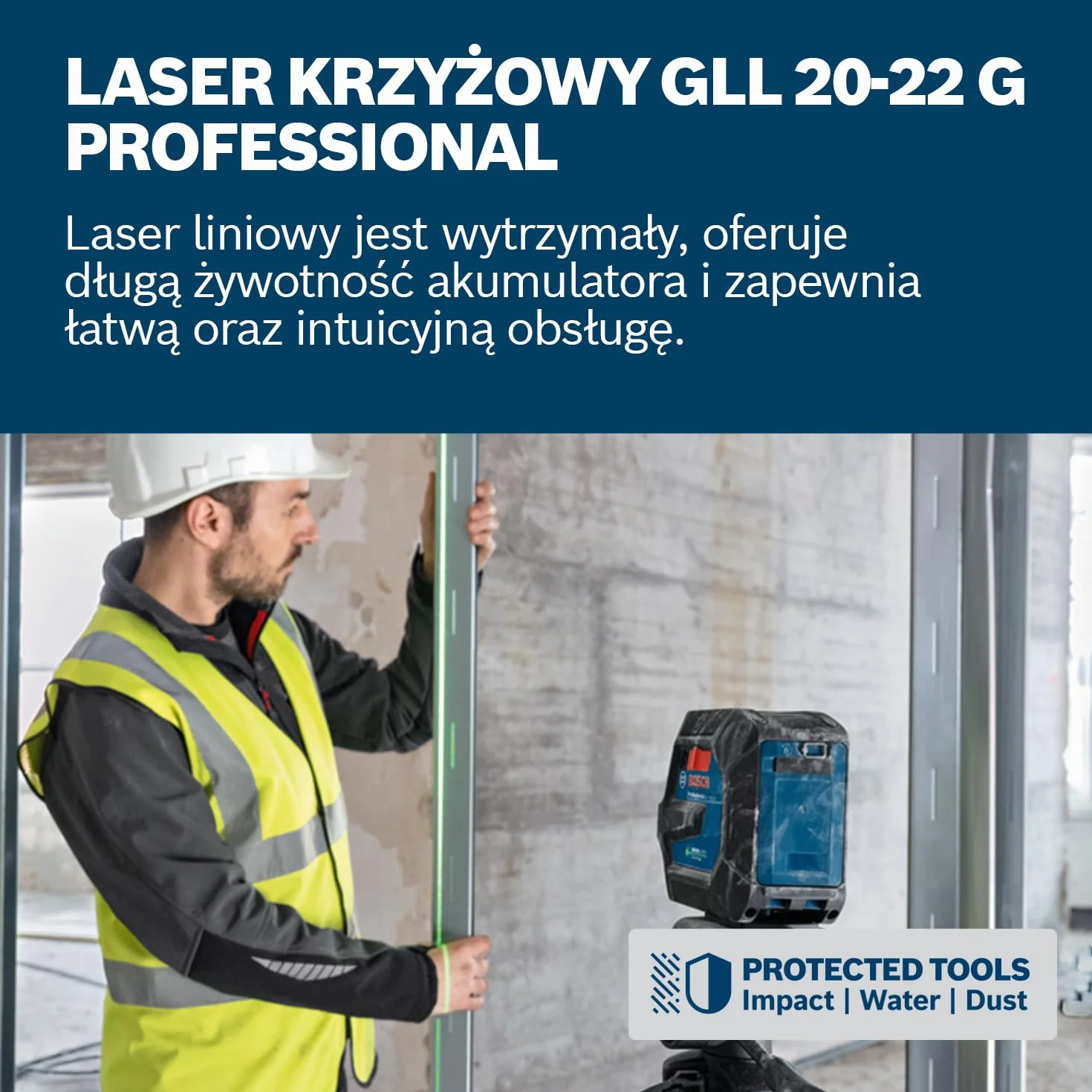 Bosch Professional Laser Liniowy GLL 20-22 G, Uchwyt LB 10, Zielona Wiązka Laserowa, Praca w Pomieszczeniach, Funkcja Dual Power Source, 2 Baterie 1,5 V LR6, Pokrowiec