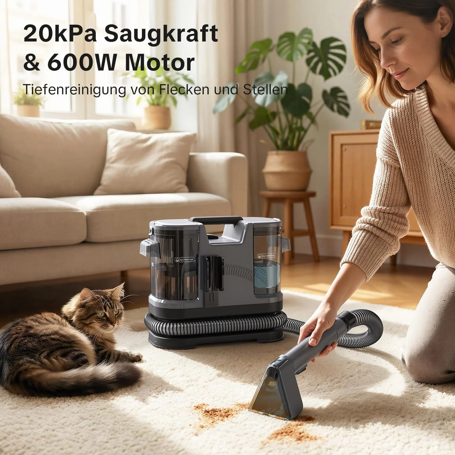 Lubluelu odkurzacz do tapicerki 600 W – 20 kPa przenośny środek do czyszczenia dywanów z funkcją samooczyszczania i długim wężem do dywanów, sof i samochodów