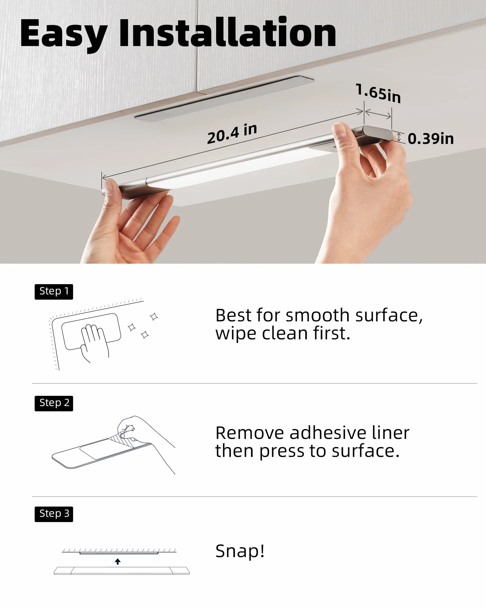 EZVALO Bezprzewodowe oświetlenie szafy, 38 cm, 2200 mAh, zdejmowany akumulator, lampa podszafkowa LED, 3 temperatury barwowe, możliwość ściemniania, oświetlenie szafy z czujnikiem ruchu, do szafy na