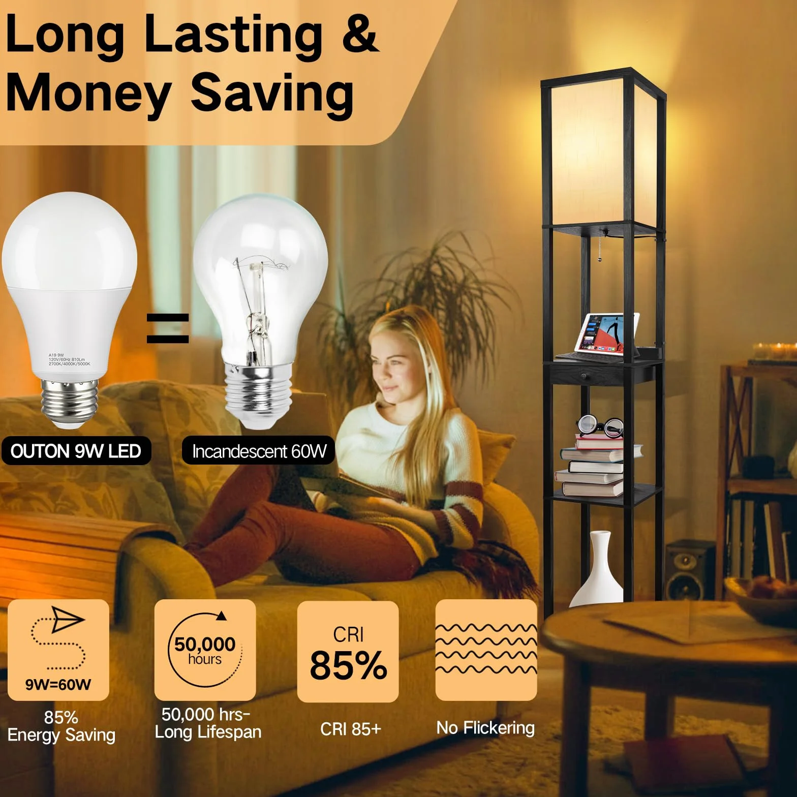 OUTON Lampa stojąca LED z szufladą, 3 temperatury barwowe, 2 porty USB, czarna