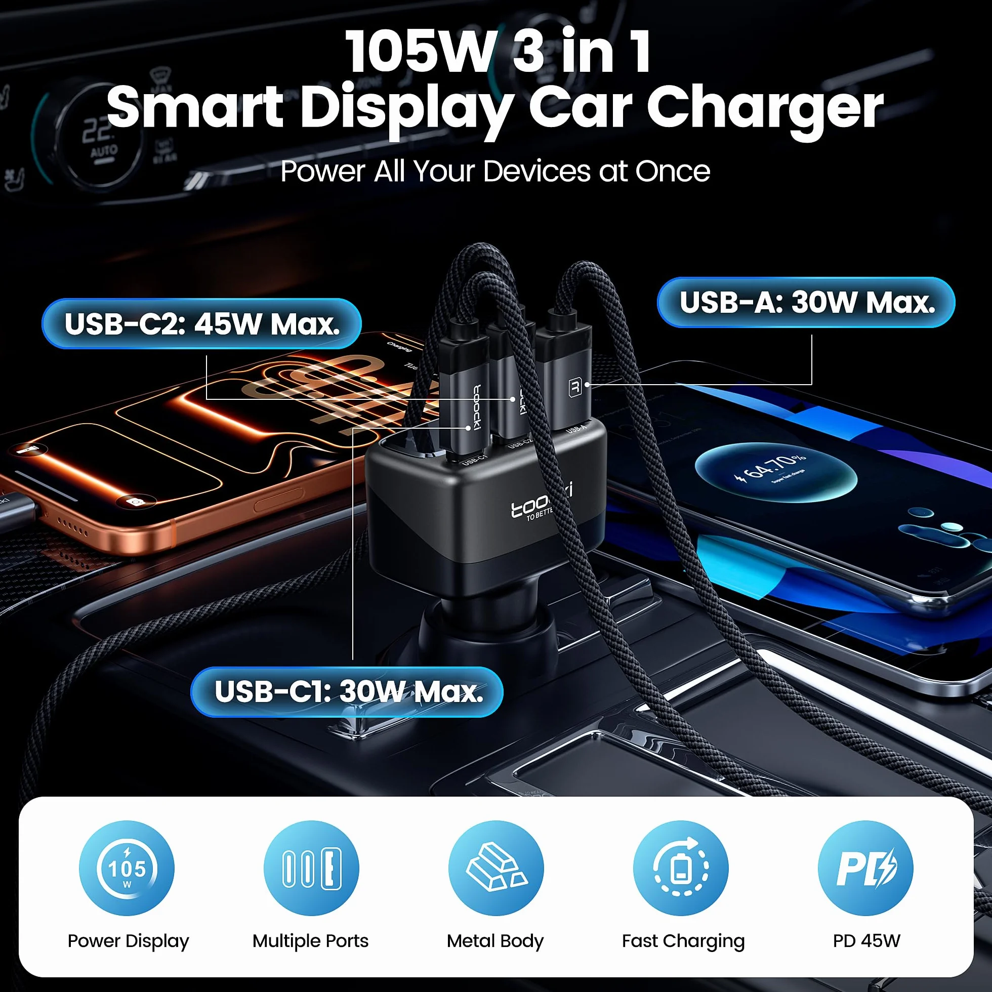 toocki Ładowarka samochodowa USB C 105 W z inteligentnym wyświetlaczem cyfrowym, szybkie ładowanie 1 USB-A i 2 USB-C (45 W MAX)