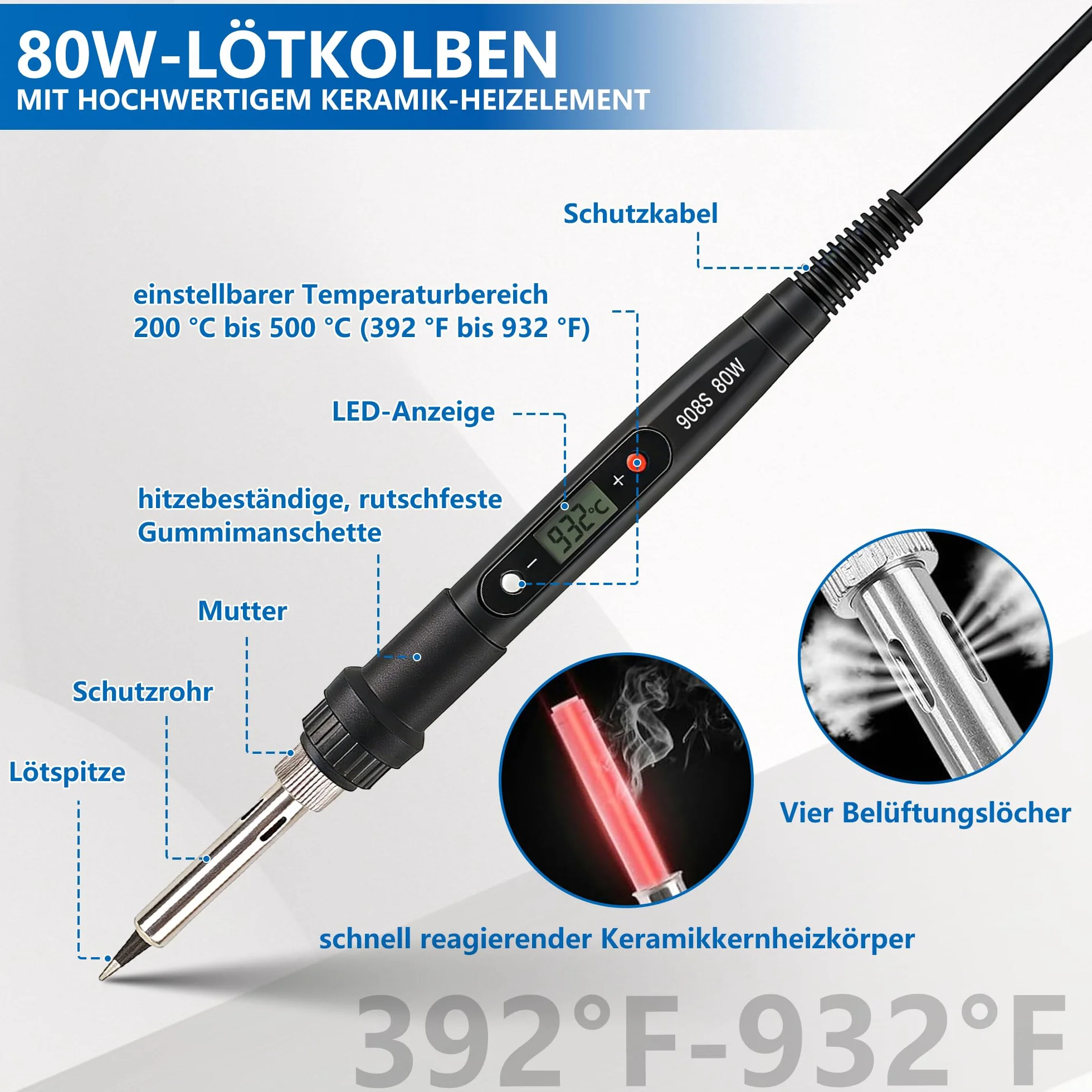 LCD Lutownica z regulacją temperatury, 80W cyfrowa lutownica, regulowana temperatura 180–520°C (356–968°F), kalibracja temperatury, podstawka do lutownicy do druku 3D i napraw, kolor czarny