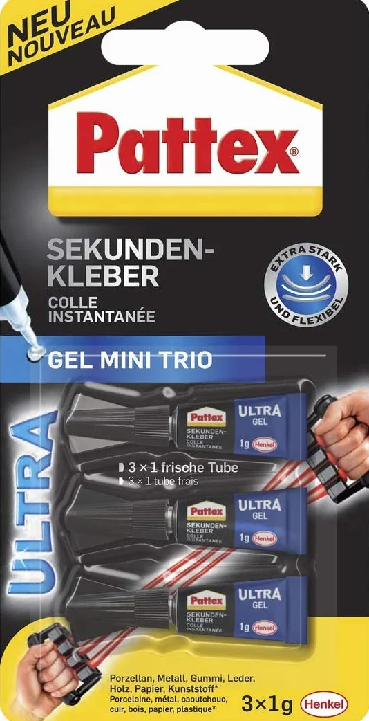 Pattex klej błyskawiczny Ultra Gel Mini Trio, 6x 1 g tubka extra mocny i elastyczny super klej, żel do klejenia błyskawicznego np. gumy, skóry, drewna