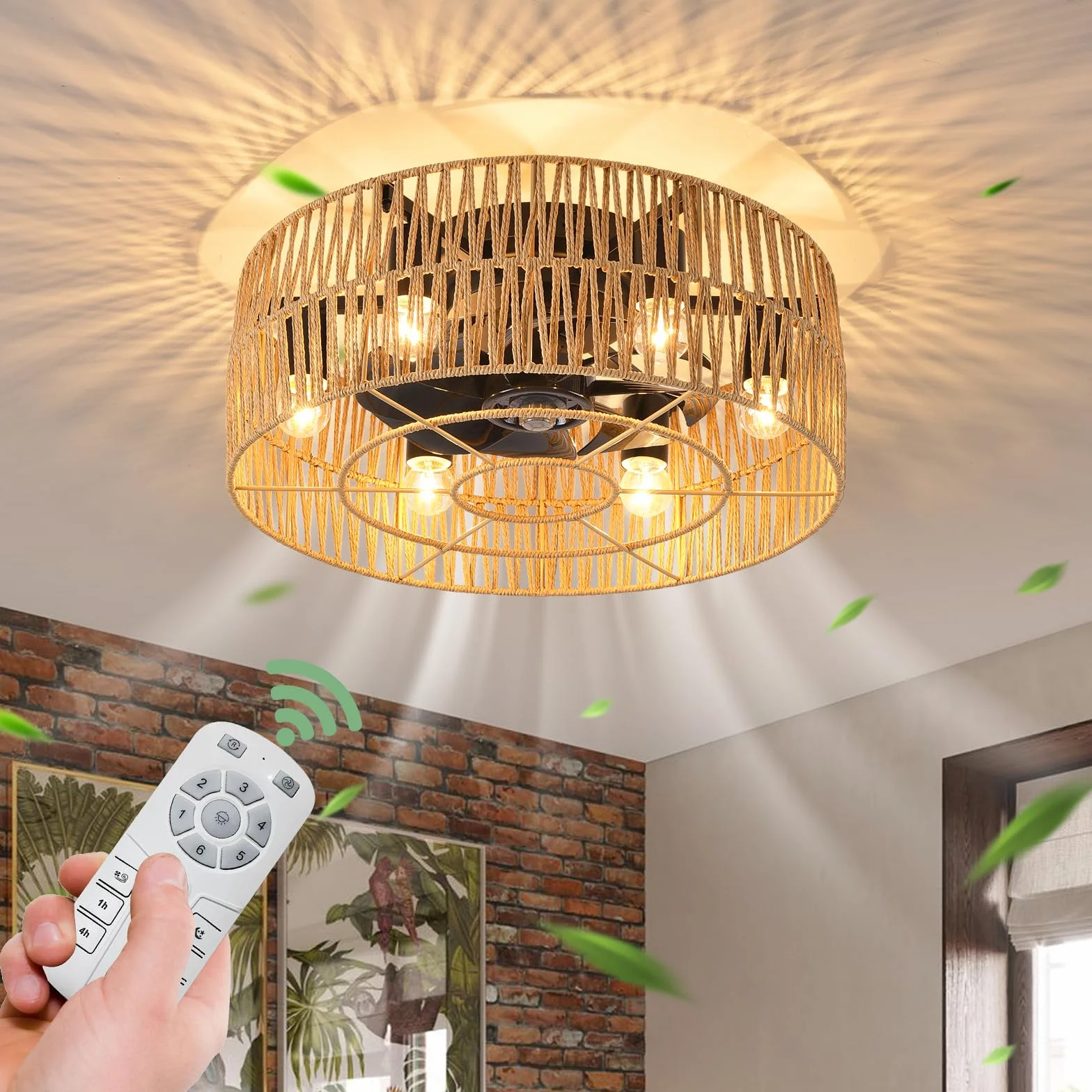 Ganeed Wentylator sufitowy industrialny 48cm Boho Rattan E27 z pilotem 6 świateł czarny