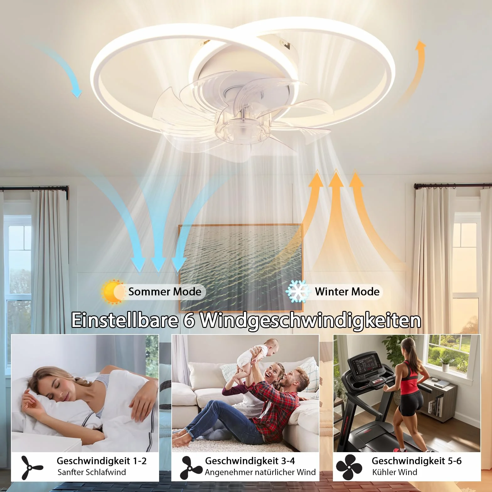 Homefire Wentylator sufitowy LED z oświetleniem – nowoczesny cichy wentylator sufitowy o mocy 36W z pilotem 3 temperaturami barwowymi i 6 prędkościami wentylacyjna do jadalni i pokoju dziecięcego