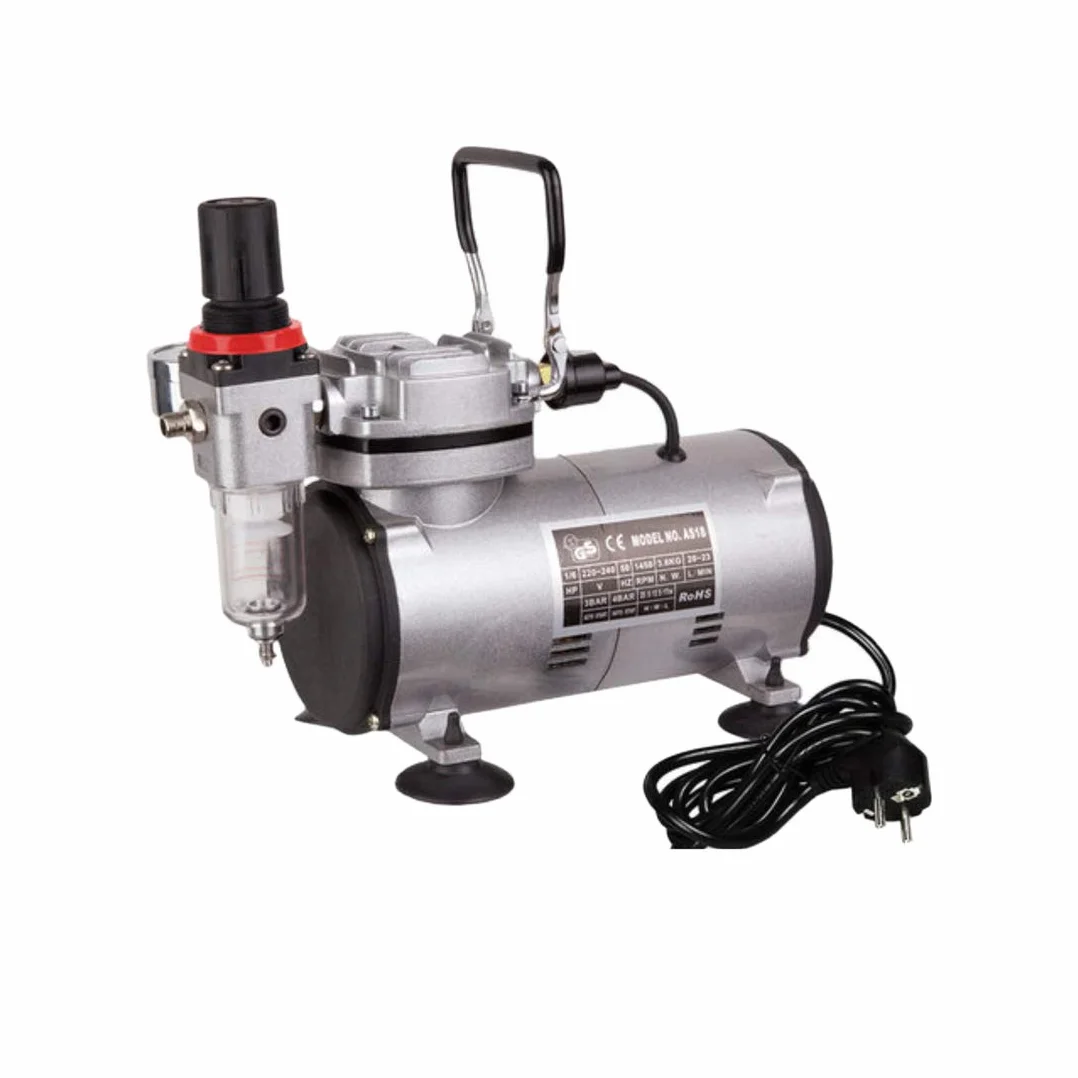 Fengda FD-18-2 mini kompresor Airbrush, mocny przepływ powietrza i ciśnienie powietrza, jednotłokowa bezolejowa mini sprężarka z regulatorem, filturą i manometrem.