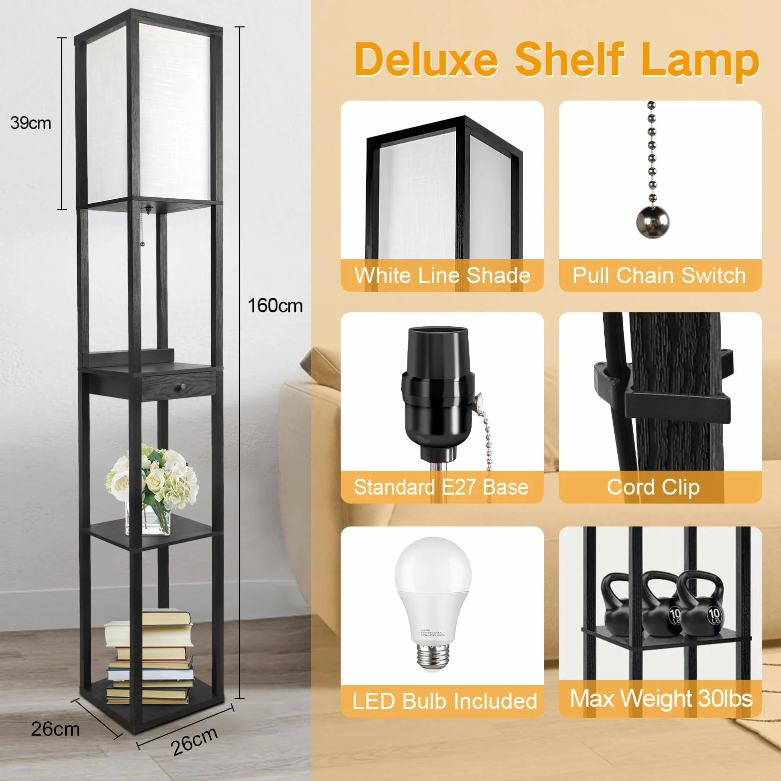 OUTON Lampa stojąca LED z szufladą, 3 temperatury barwowe, 2 porty USB, czarna