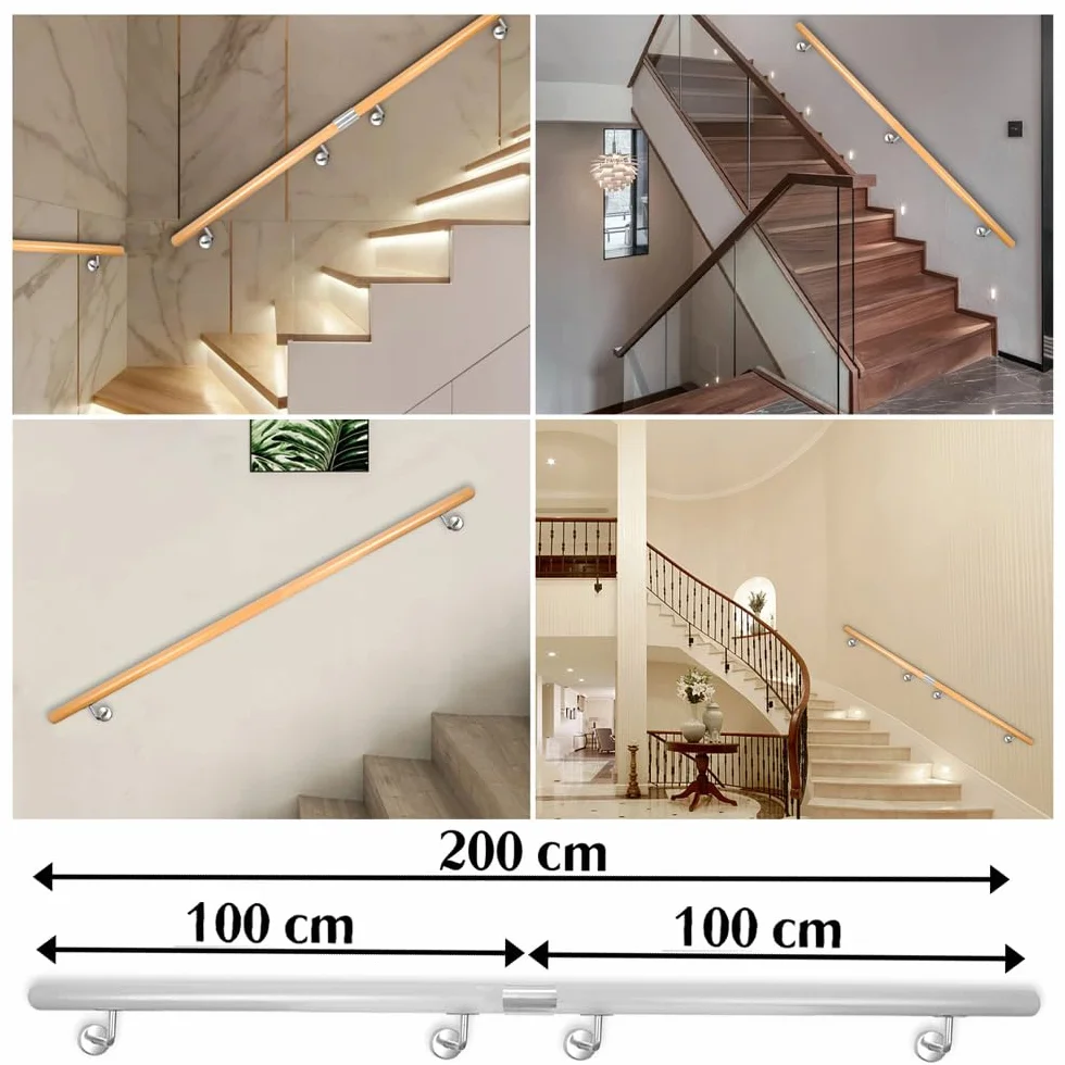 Poręcz schodowa z drewna bukowego, mocowana do ściany przy schodach, 80-230 cm, długość: 200 cm