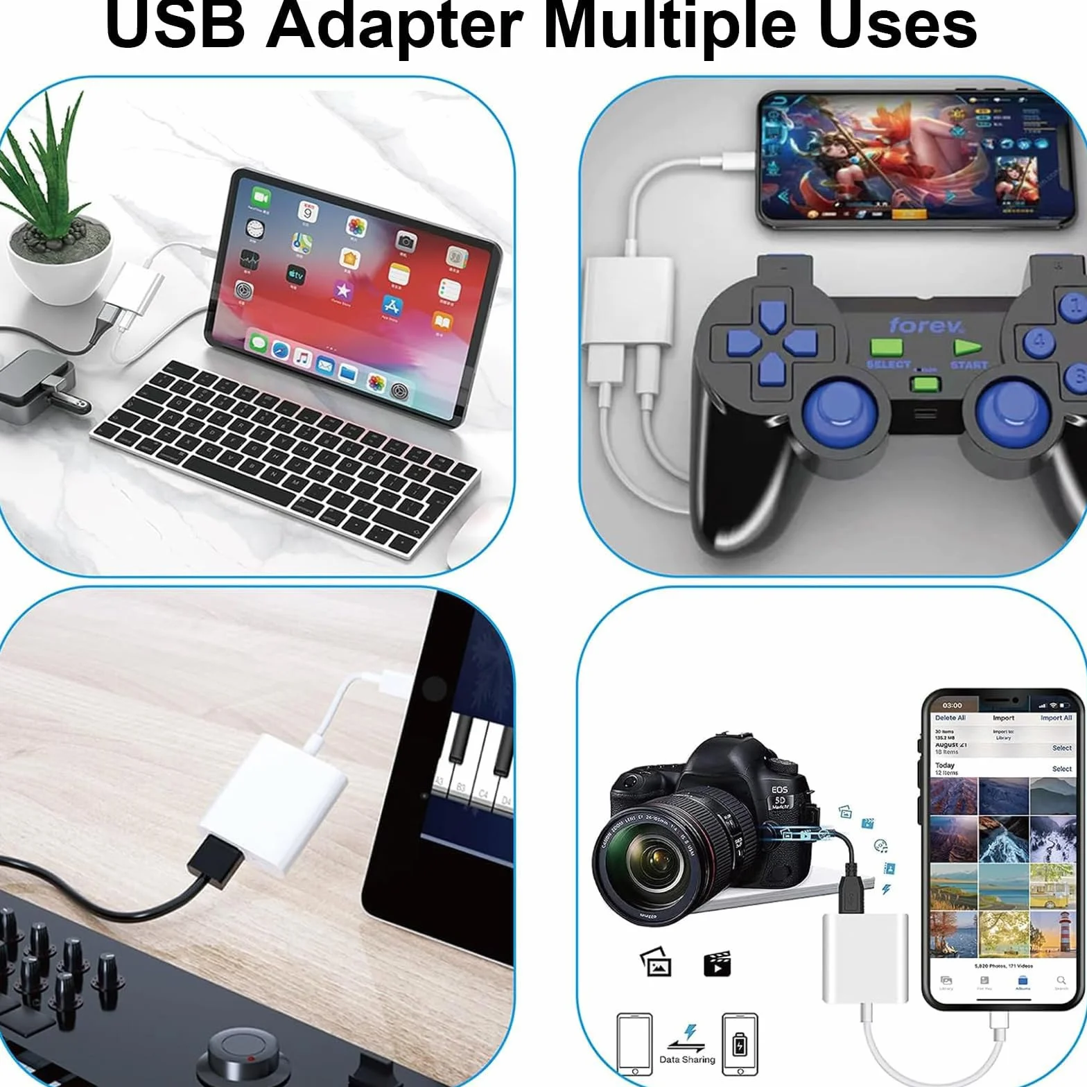 Adapter USB Oliveria do aparatu iPhone iPad, gniazdo OTG, kompatybilny z iPhone i iPad, równoczesne ładowanie i odczyt kart, Plug and Play, przenośny