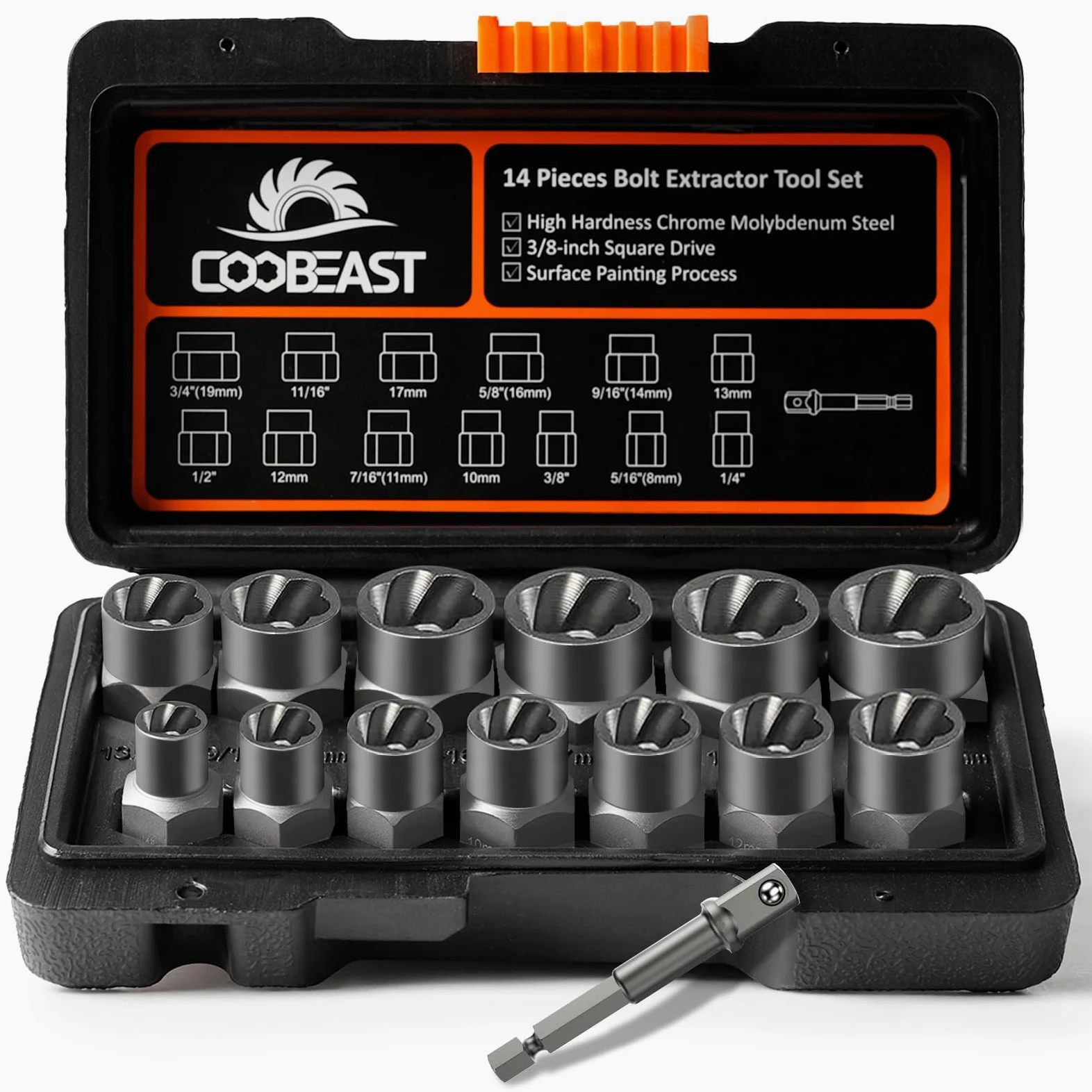 Coobeast Zestaw do wyciągania śrub, wytrzymały, 13 szt. zestaw do wyciągania śrub z adapterem 3/8", narzędzie do usuwania nakrętek z wypustkami, łatwy do usuwania śrub, do zardzewiałych,