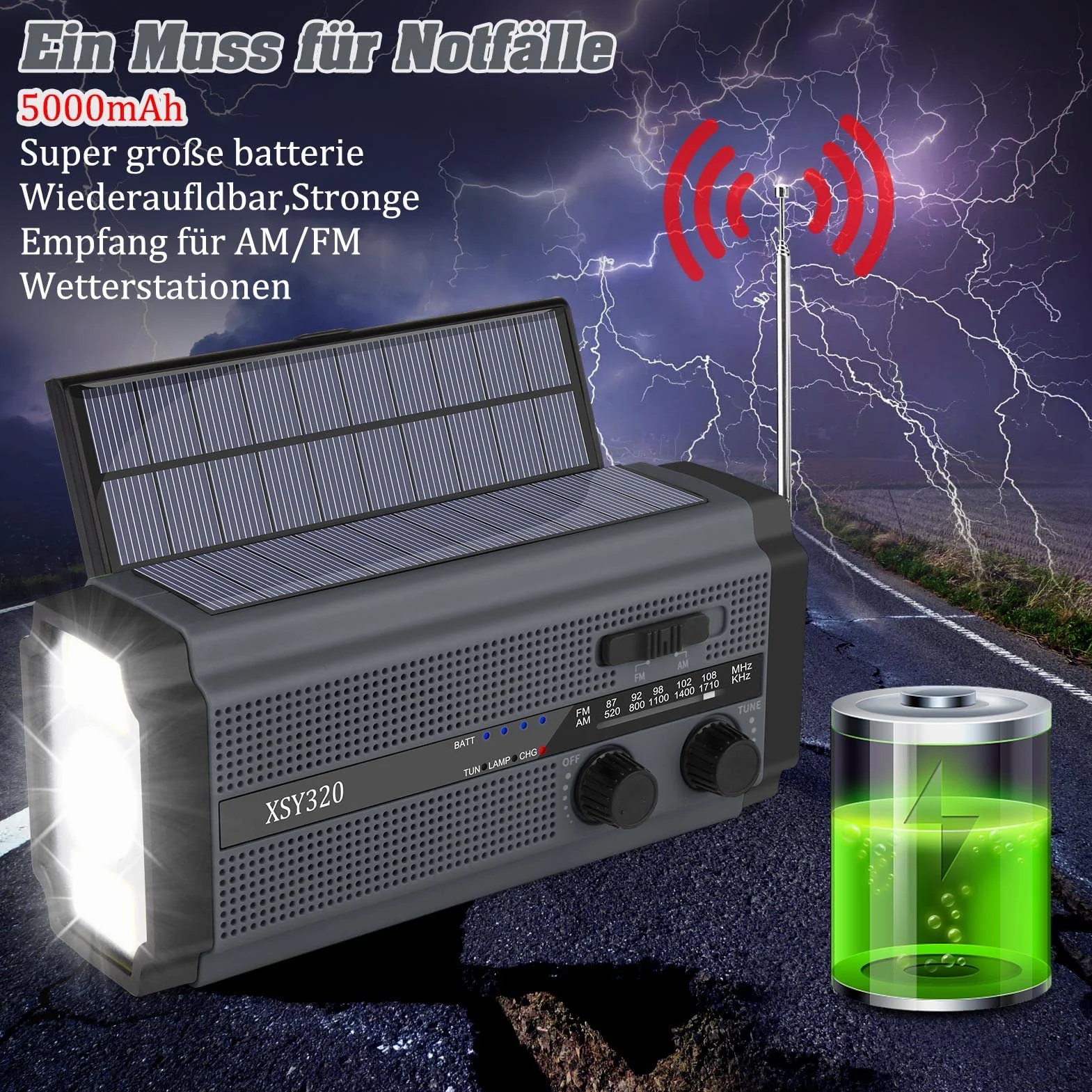 Przenośne radio korbowe AM/FM 5000 mAh latarka LED alarm SOS czarny